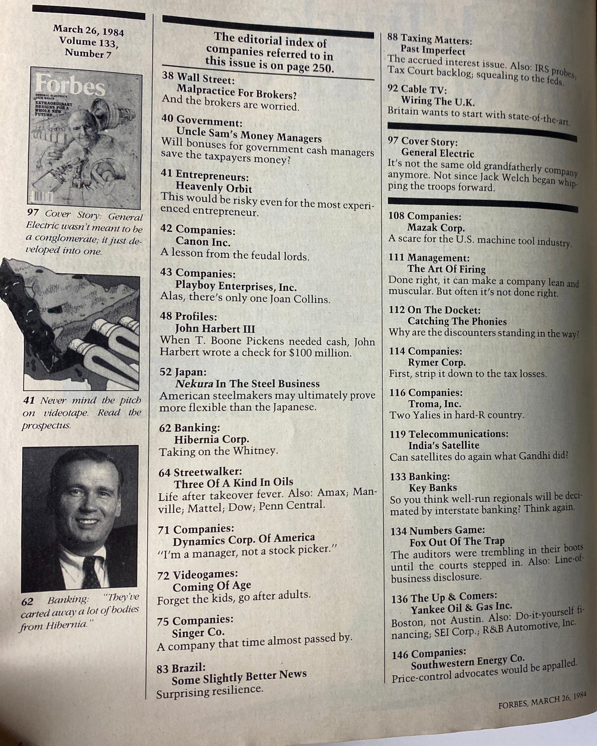 Editorial index from Forbes Magazine, March 26, 1984, featuring content on General Electric and other companies, highlighting the cover story on Jack Welch.