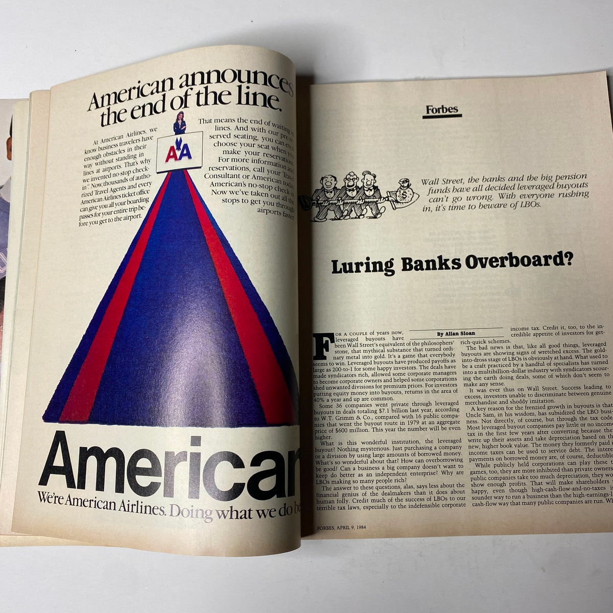 Inside pages of Forbes Magazine April 9, 1984, highlighting a discussion on leveraged buyouts and American Airlines advertisement.