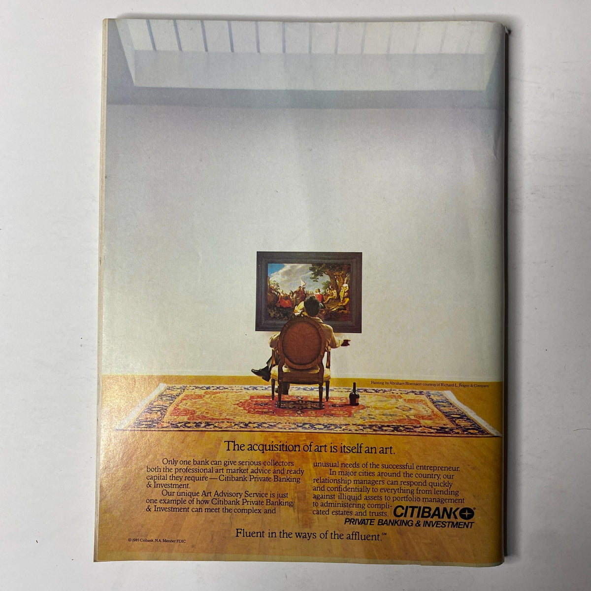 Back cover of Forbes Magazine November 4, 1985 showcasing an advertisement for Citibank Private Banking & Investment with a painting displayed on a wall and a seated figure.