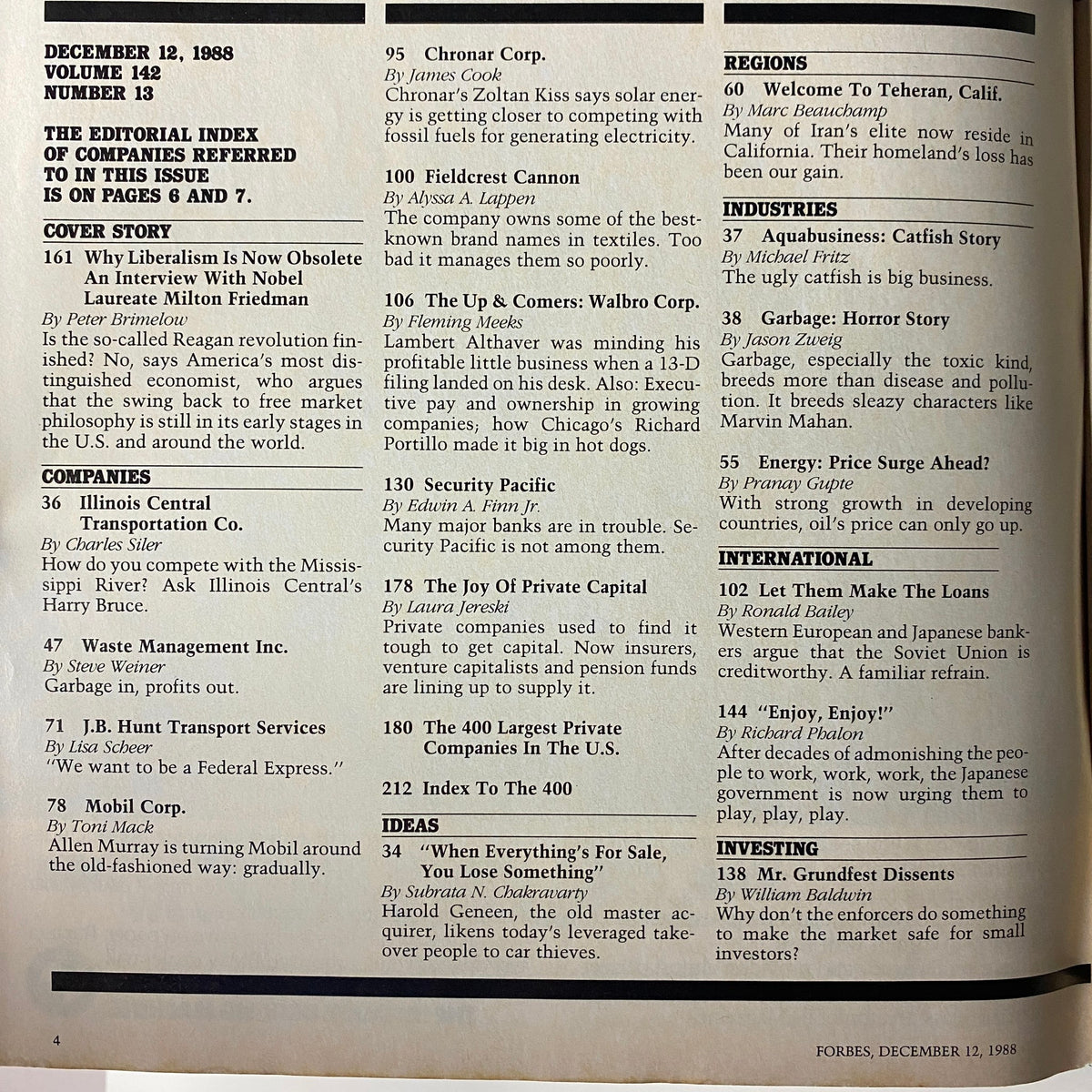 Interior page of Forbes Magazine December 12, 1988 showing the editorial index and cover story about Milton Friedman.
