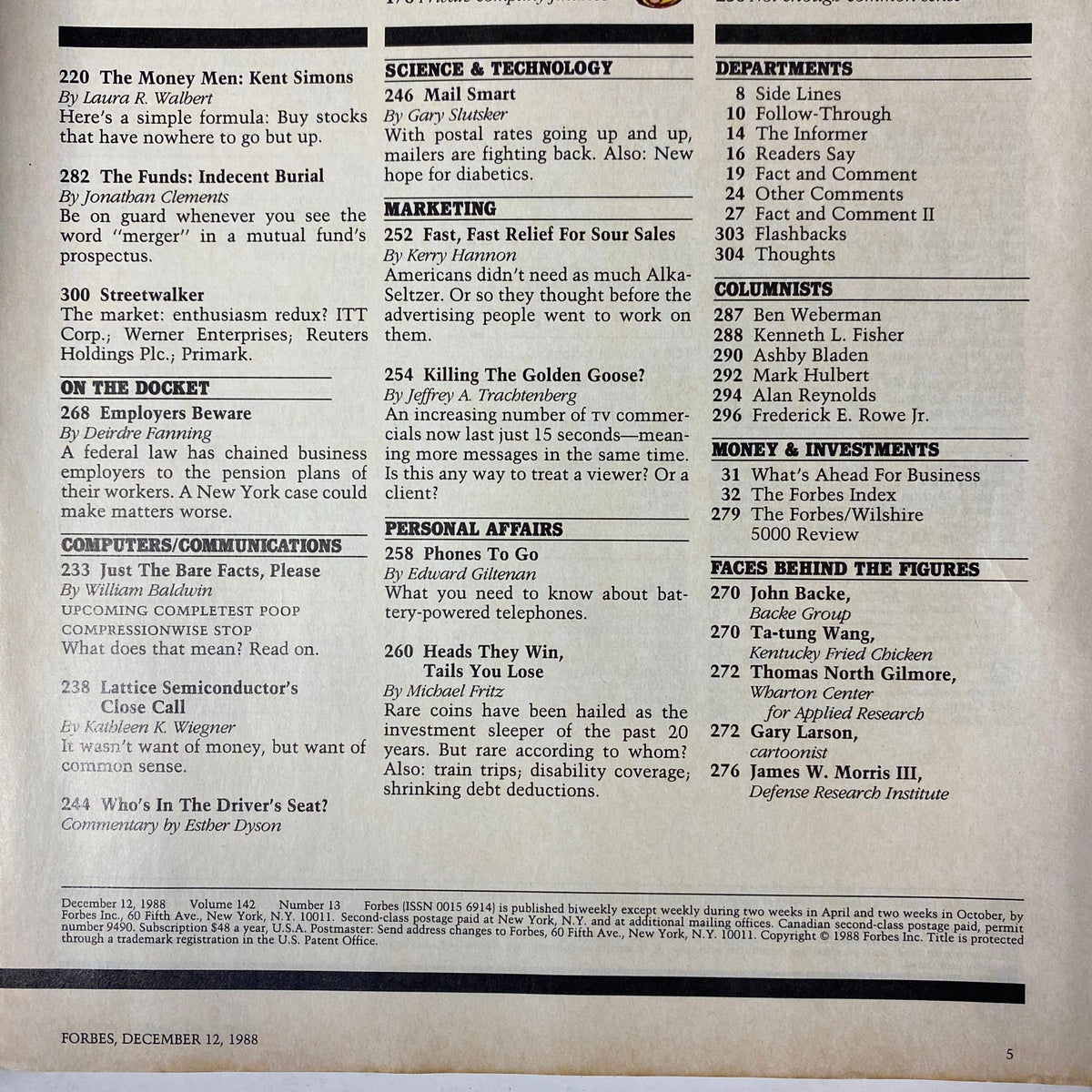 Another interior page from Forbes Magazine December 12, 1988, listing articles and features in this iconic issue.