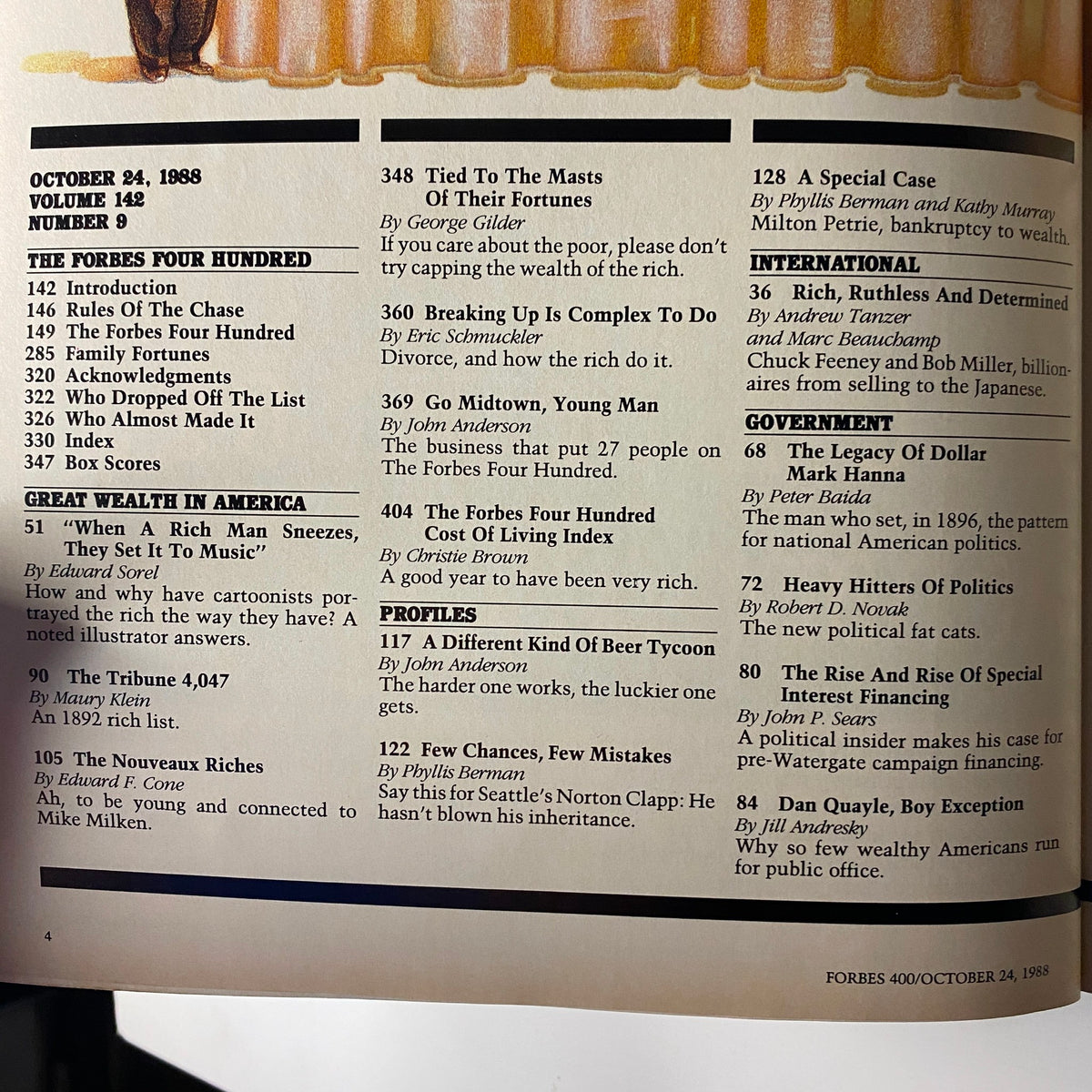 Table of contents from Forbes Magazine, October 24, 1988, detailing various articles including 'The Forbes Four Hundred' and 'Great Wealth in America'.