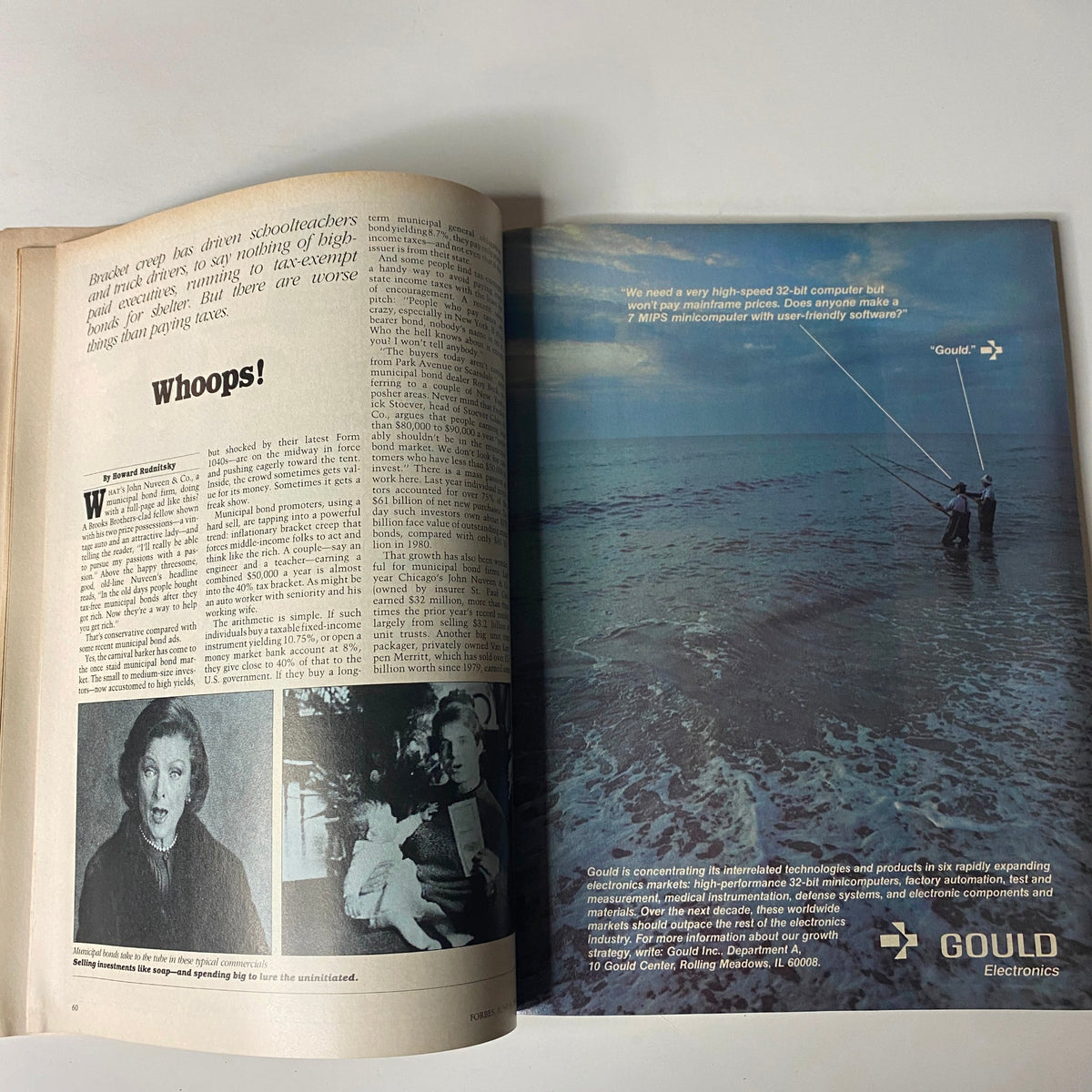 An inside page from Forbes Magazine January 23, 1989, showcasing advertisements and articles related to technology and finance.