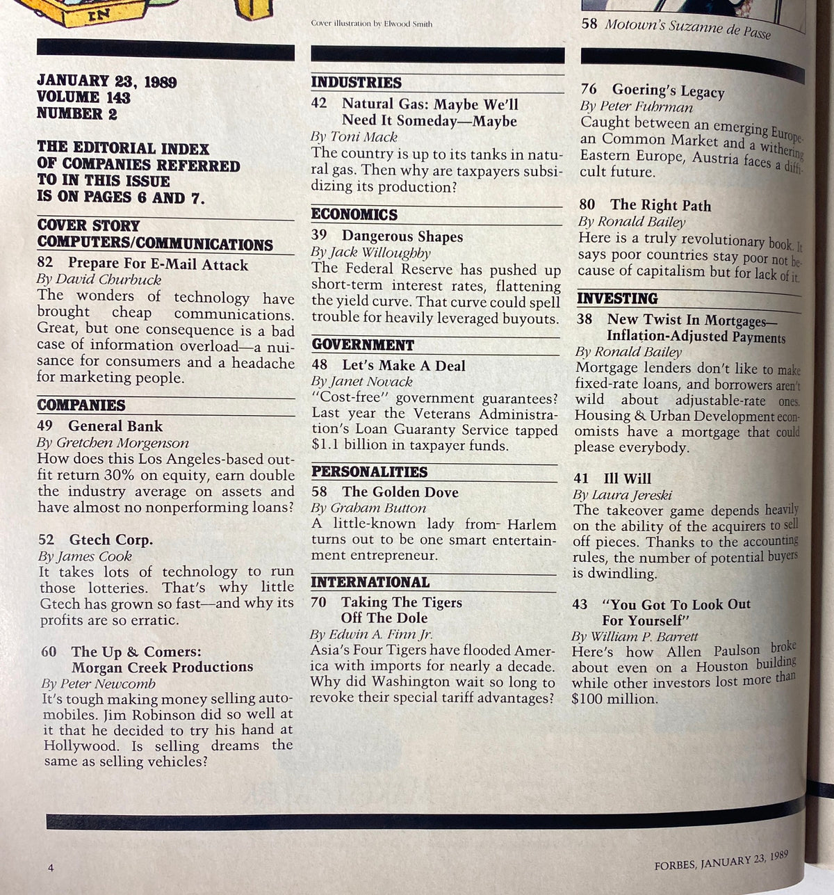 Editorial index page from Forbes Magazine January 23, 1989, listing the contents including the cover story 'Prepare for E-Mail Attack'.