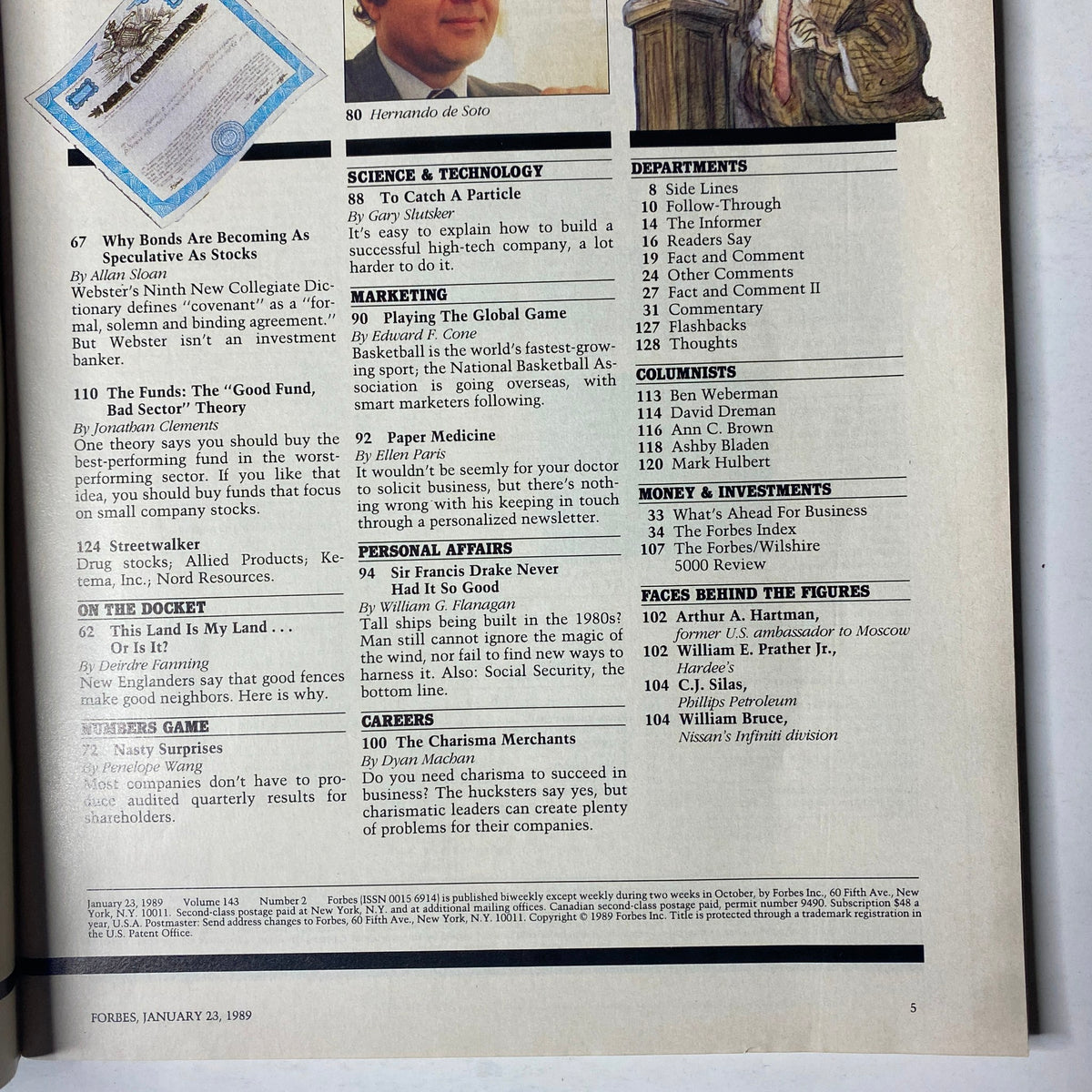 Table of contents page from Forbes Magazine January 23, 1989, detailing articles on communications, companies, and industries of the late 80s.