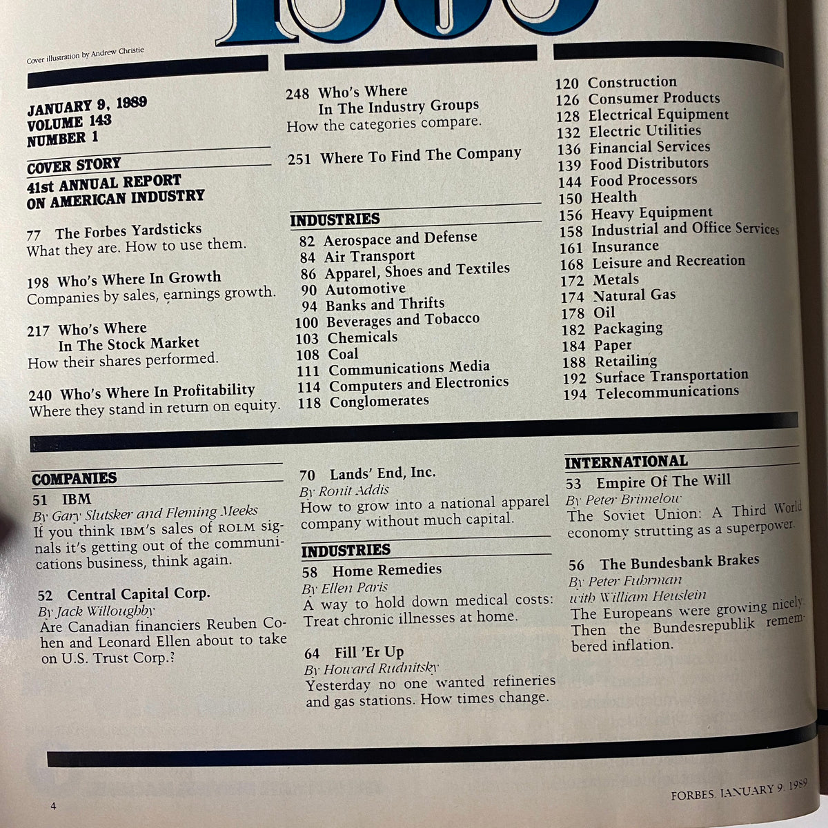 Contents page of Forbes Magazine January 9, 1989 detailing the 41st Annual Report on American Industry, including sections on the Forbes Yardsticks and industry comparisons.