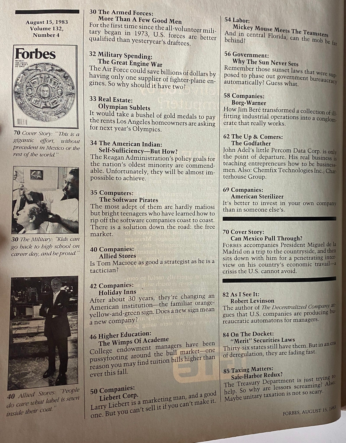 Page from Forbes Magazine, August 15, 1983, featuring insights on military spending, real estate, and economic challenges in Mexico: The Crisis That Won't Go Away.