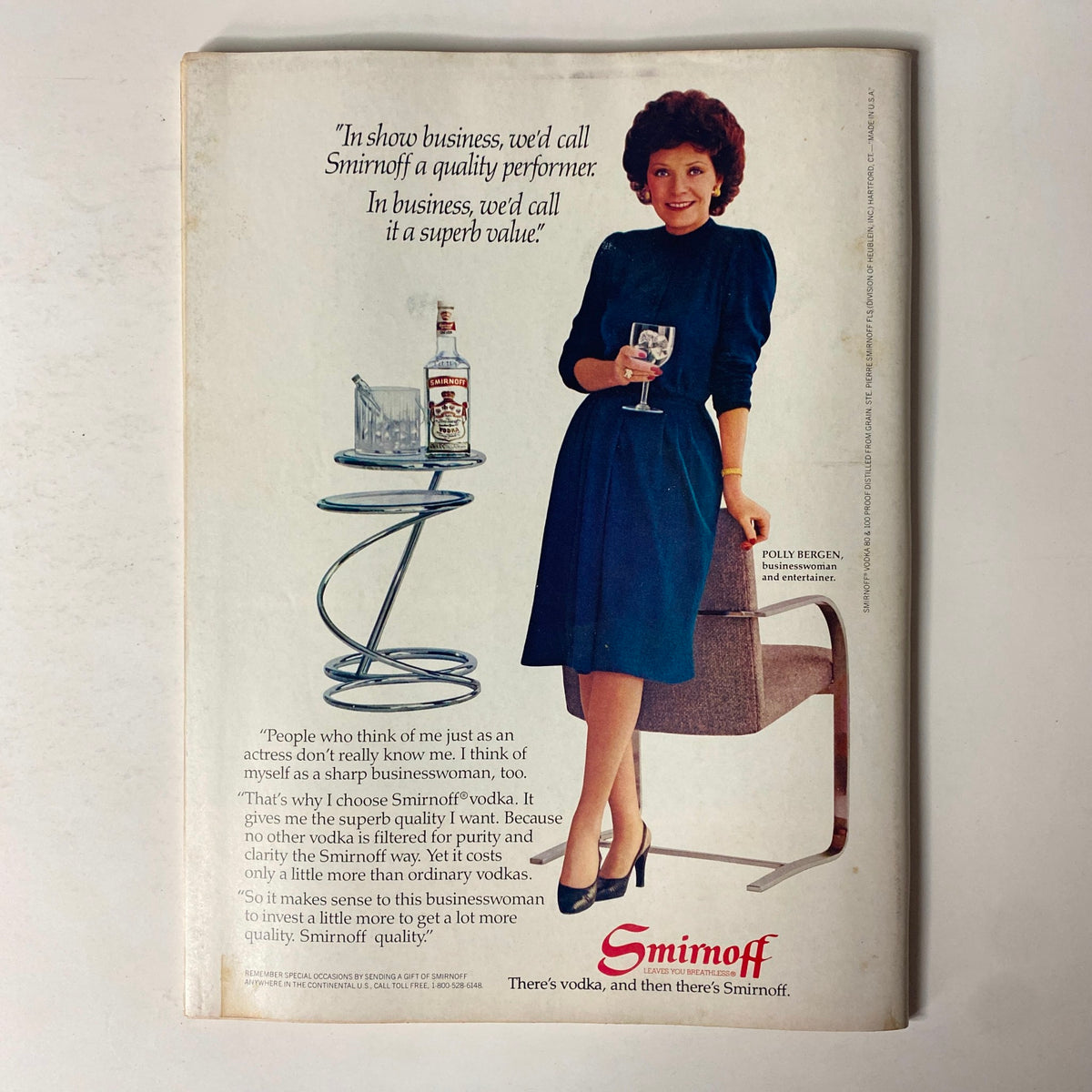 Back cover of Forbes Magazine, August 15, 1983, displaying an advertisement featuring Polly Bergen endorsing Smirnoff vodka.