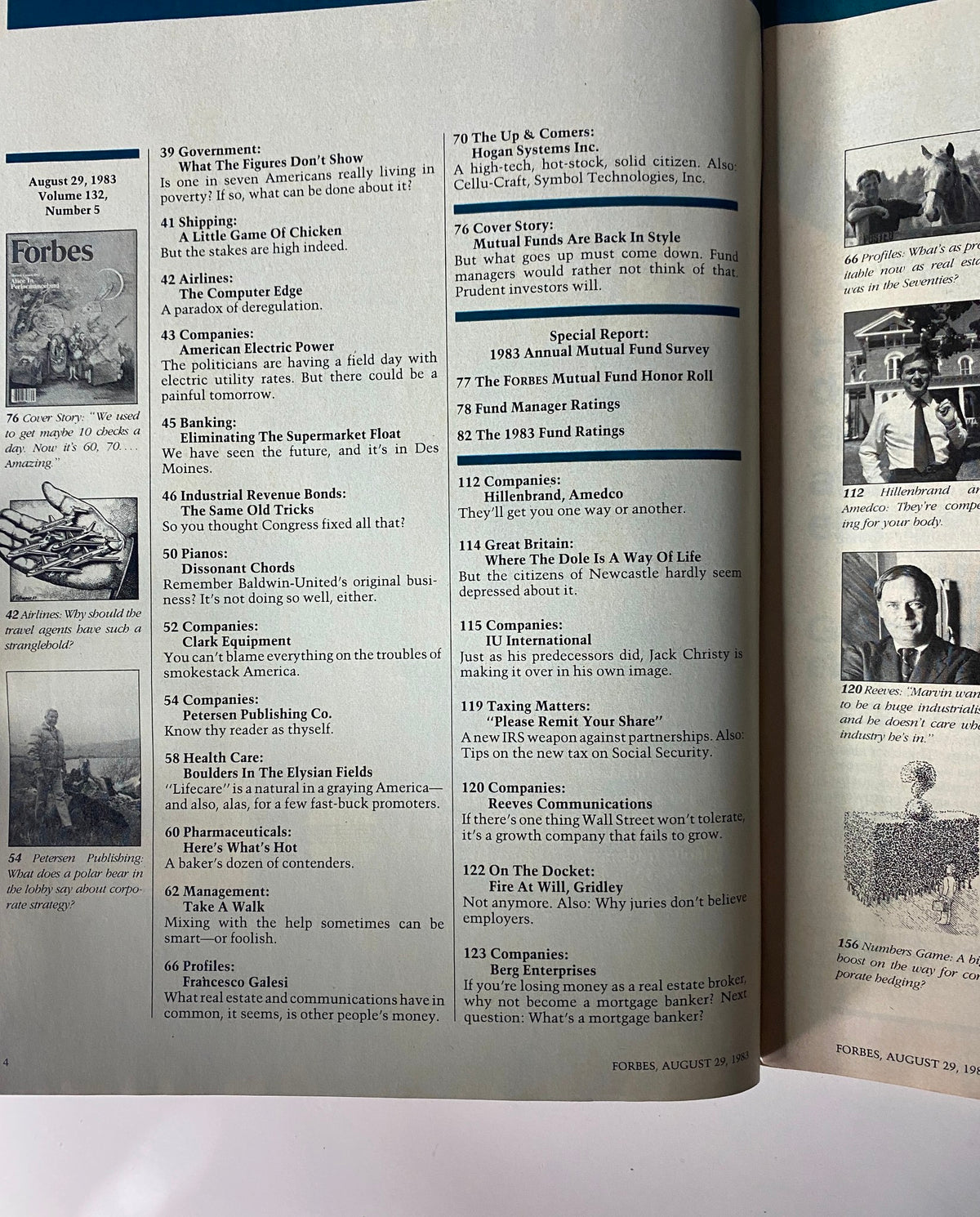 Detailed table of contents from Forbes Magazine August 29, 1983, including features like 'The Up & Comers', 'The Money Men', and investments topics.