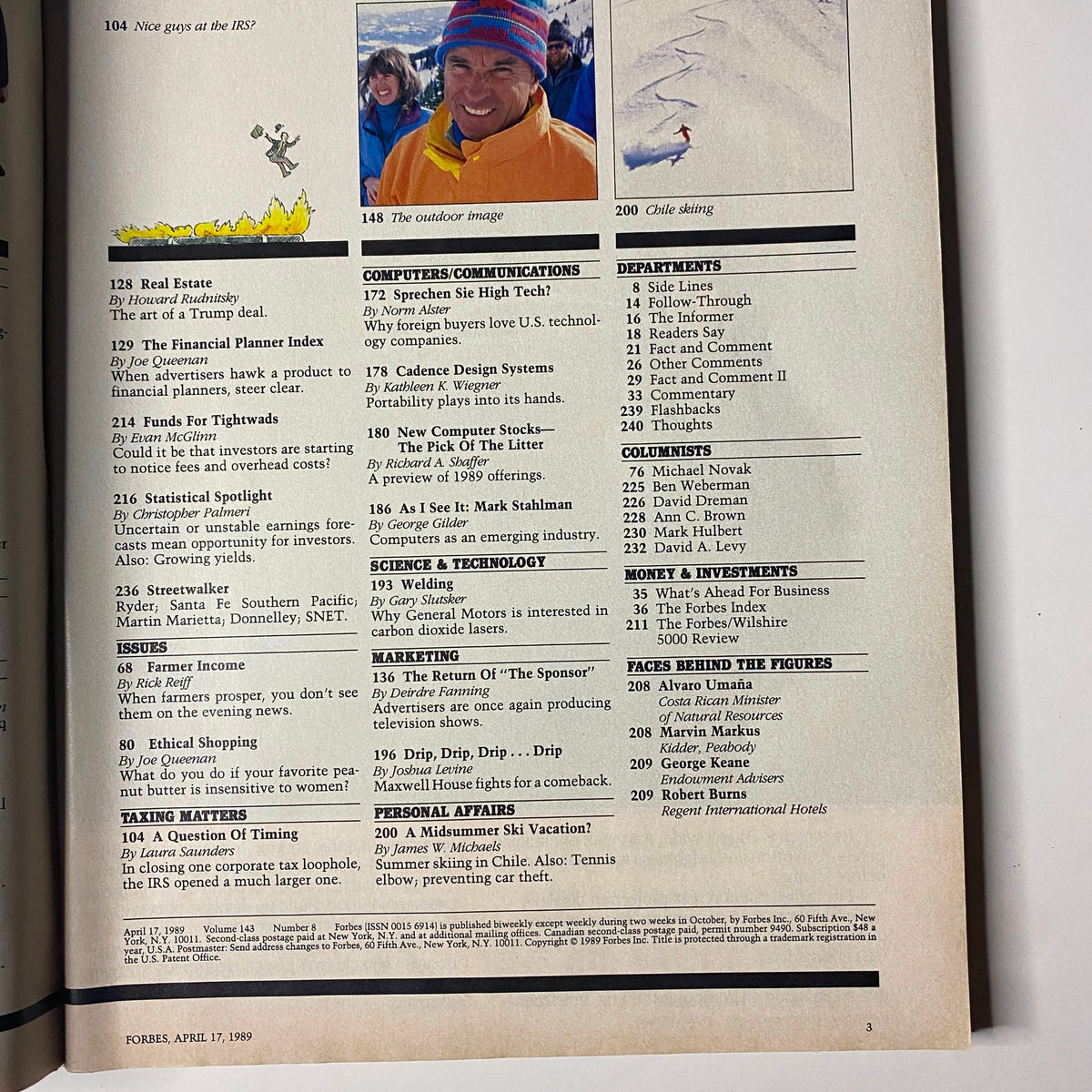 Table of contents from Forbes Magazine, April 17, 1989, highlighting various articles, including features on technology and business trends of the time.