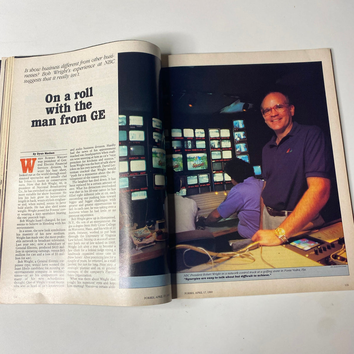 An article layout from Forbes Magazine, April 17, 1989, showcasing NBC President Robert Wright with a focus on his leadership at NBC as part of the cover story 'The Man from GE'.