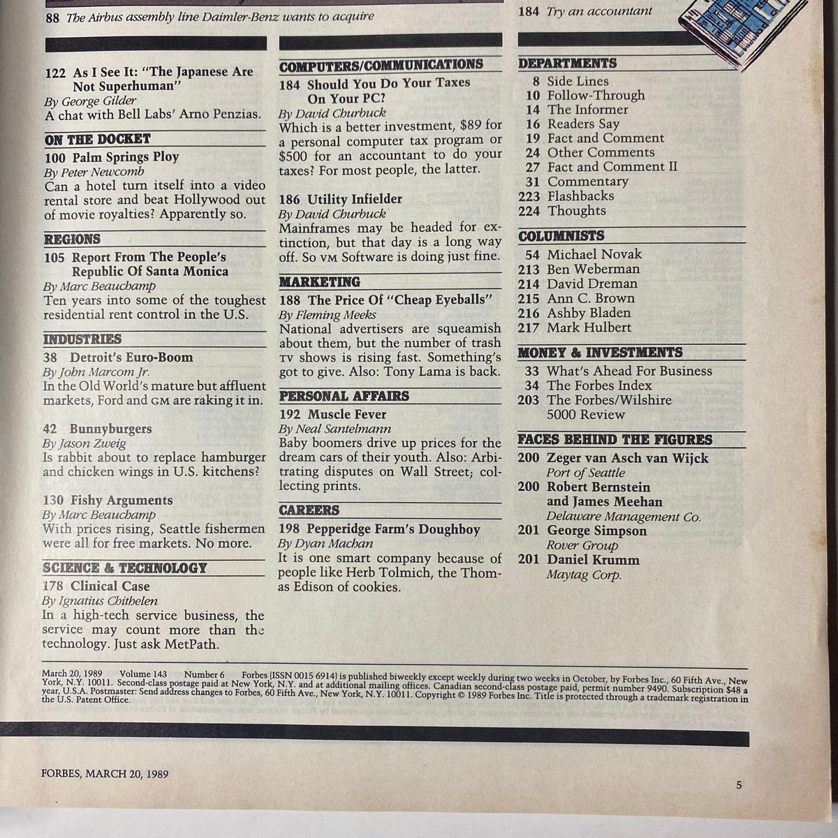 Forbes Magazine March 20, 1989 contents page listing key articles including 'Daimler-Benz' and 'Unum Corp.' showcasing business insights and trends of the late 1980s.