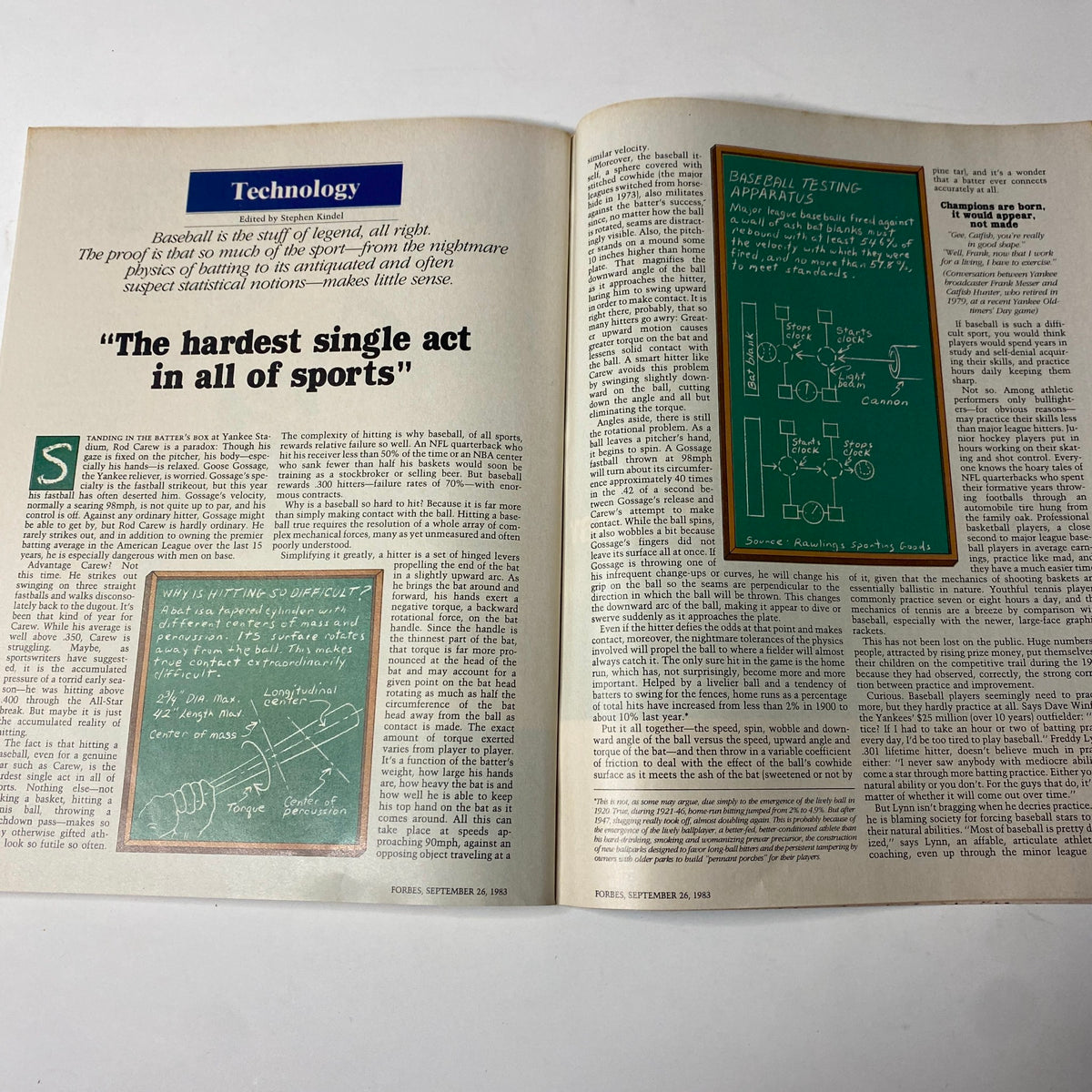 Forbes Magazine September 26, 1983, presenting a detailed article titled 'The hardest single act in all of sports', analyzing the complexities of hitting in baseball.