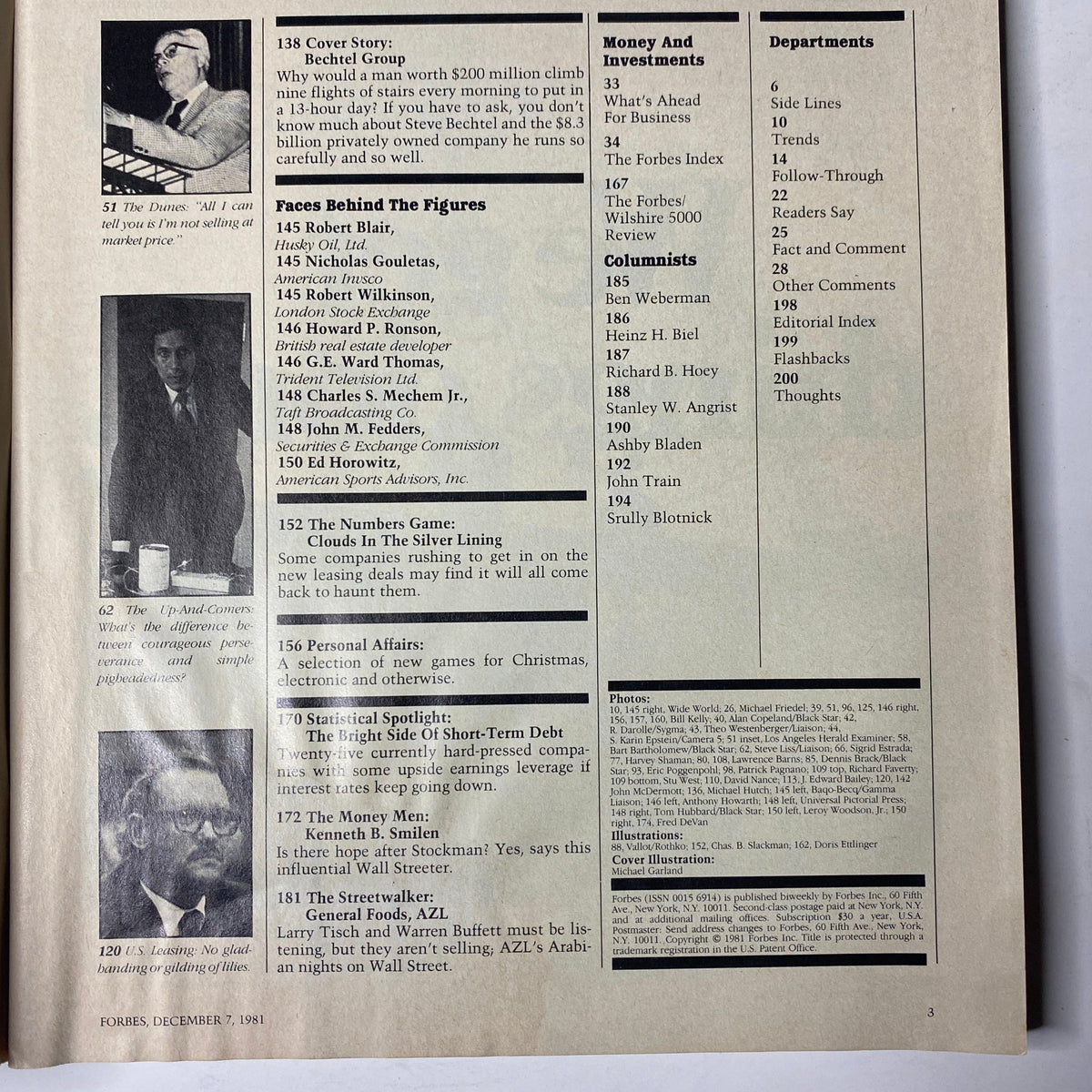 Contents page of Forbes Magazine December 7, 1981, featuring a cover story on Bechtel Corp. and various financial articles.