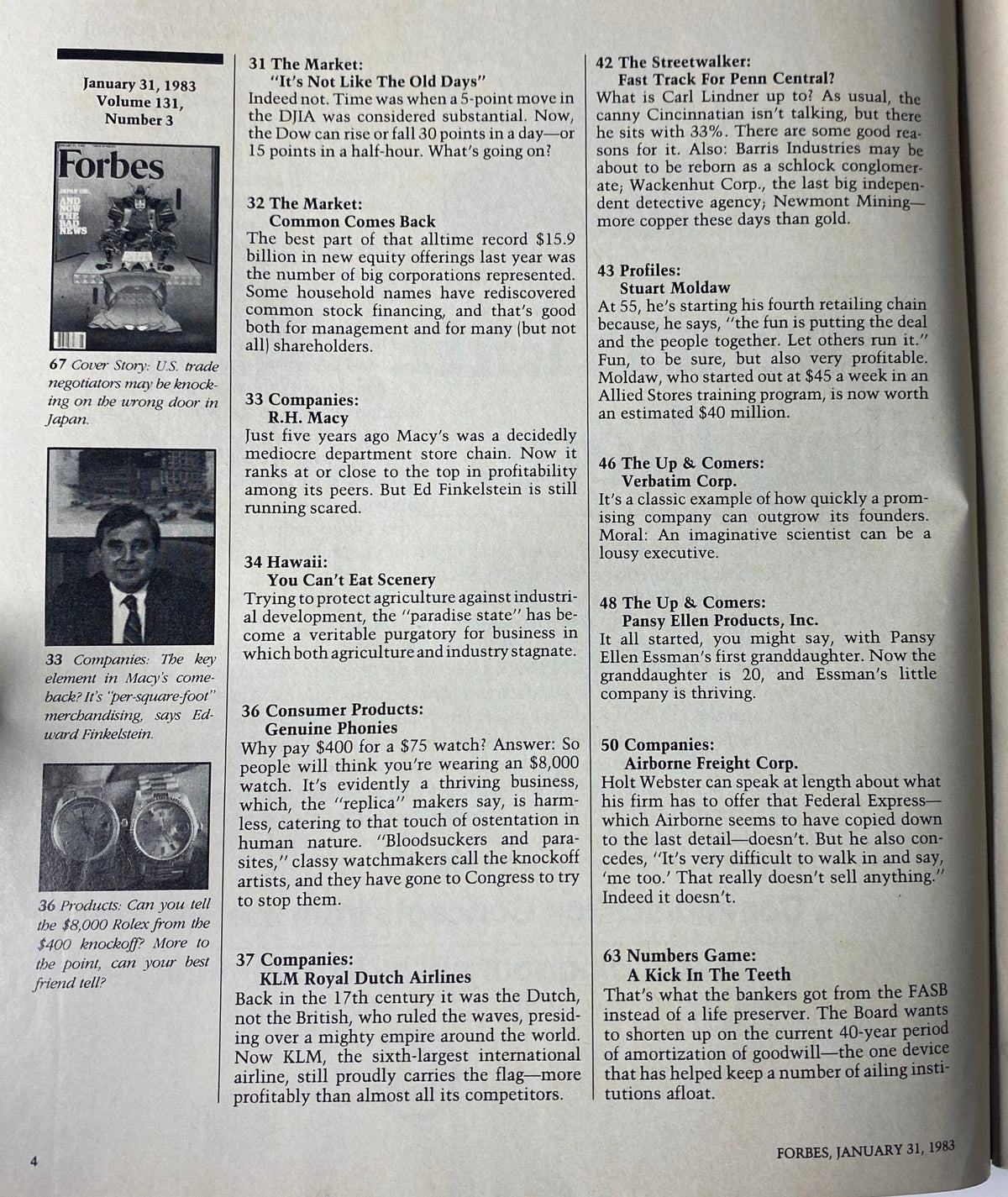 Interior page from Forbes Magazine January 31, 1983, displaying various sections including market analysis, profiles of companies like R.H. Macy, and insights into corporate strategies during the 1980s economic landscape.