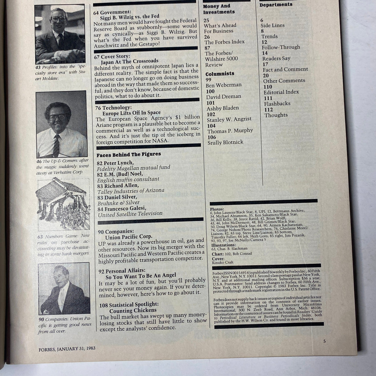 Page interior of Forbes Magazine January 31, 1983 showing article summaries and index including features on U.S.-Japan trade relations.