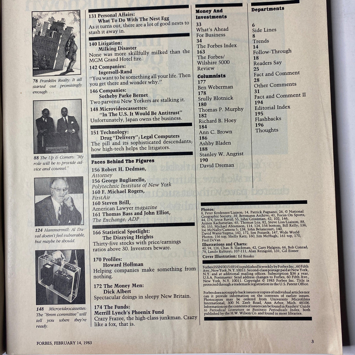 Another inside page of Forbes Magazine February 14, 1983 showcasing features on financial markets, companies, and economic strategies.