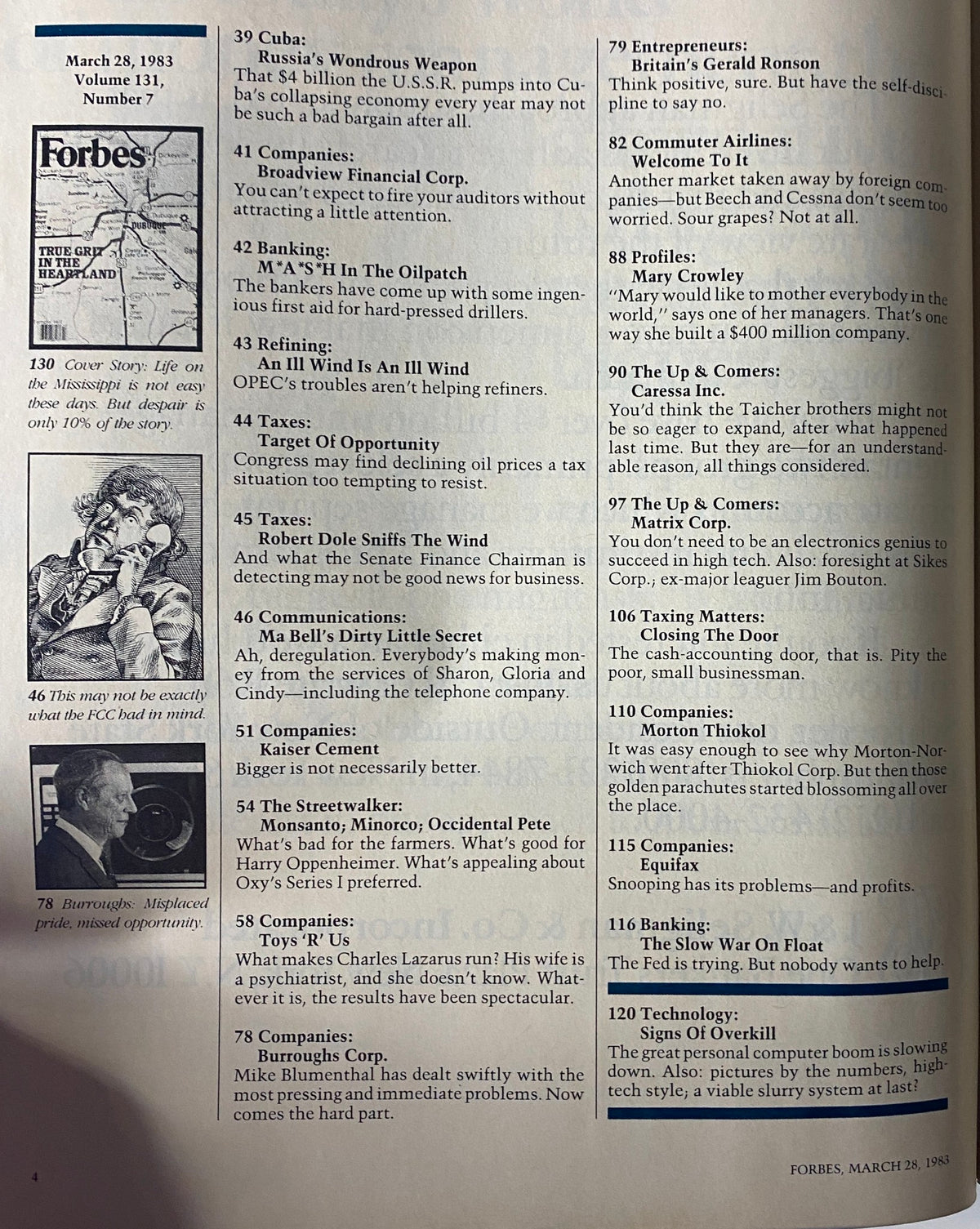 Interior page from Forbes Magazine, March 28, 1983, displaying the table of contents and summaries of articles, including insights on Cuba's economy and corporate trends of the early 1980s.