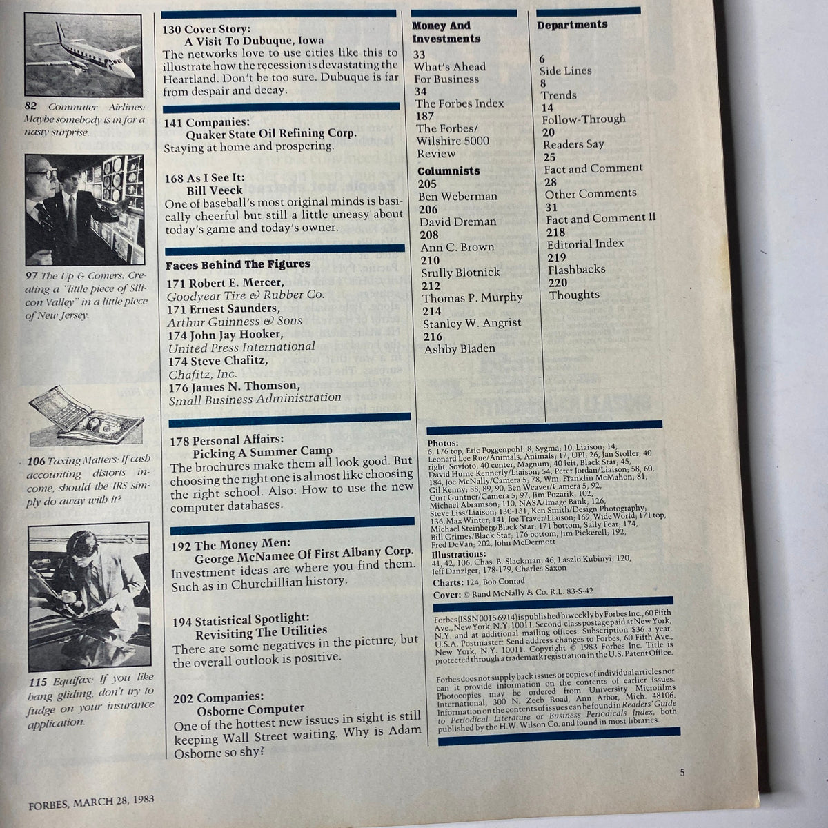 Contents page of Forbes Magazine from March 28, 1983, featuring articles and sections including 'The Money Men' and 'Personal Affairs', illustrating the magazine's focus on economic challenges and corporate trends in the early 1980s.