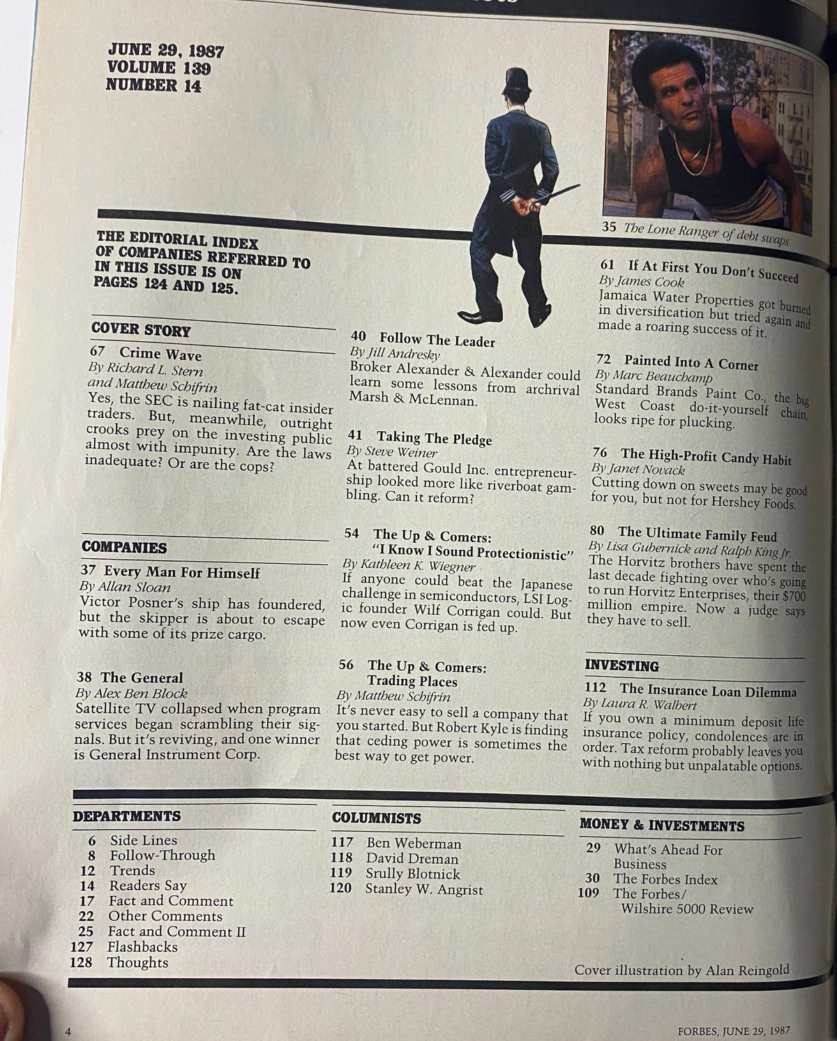 Page from Forbes Magazine June 29, 1987 showing the editorial index and cover story titled 'Crime Wave' discussing SEC issues and corporate misconduct.