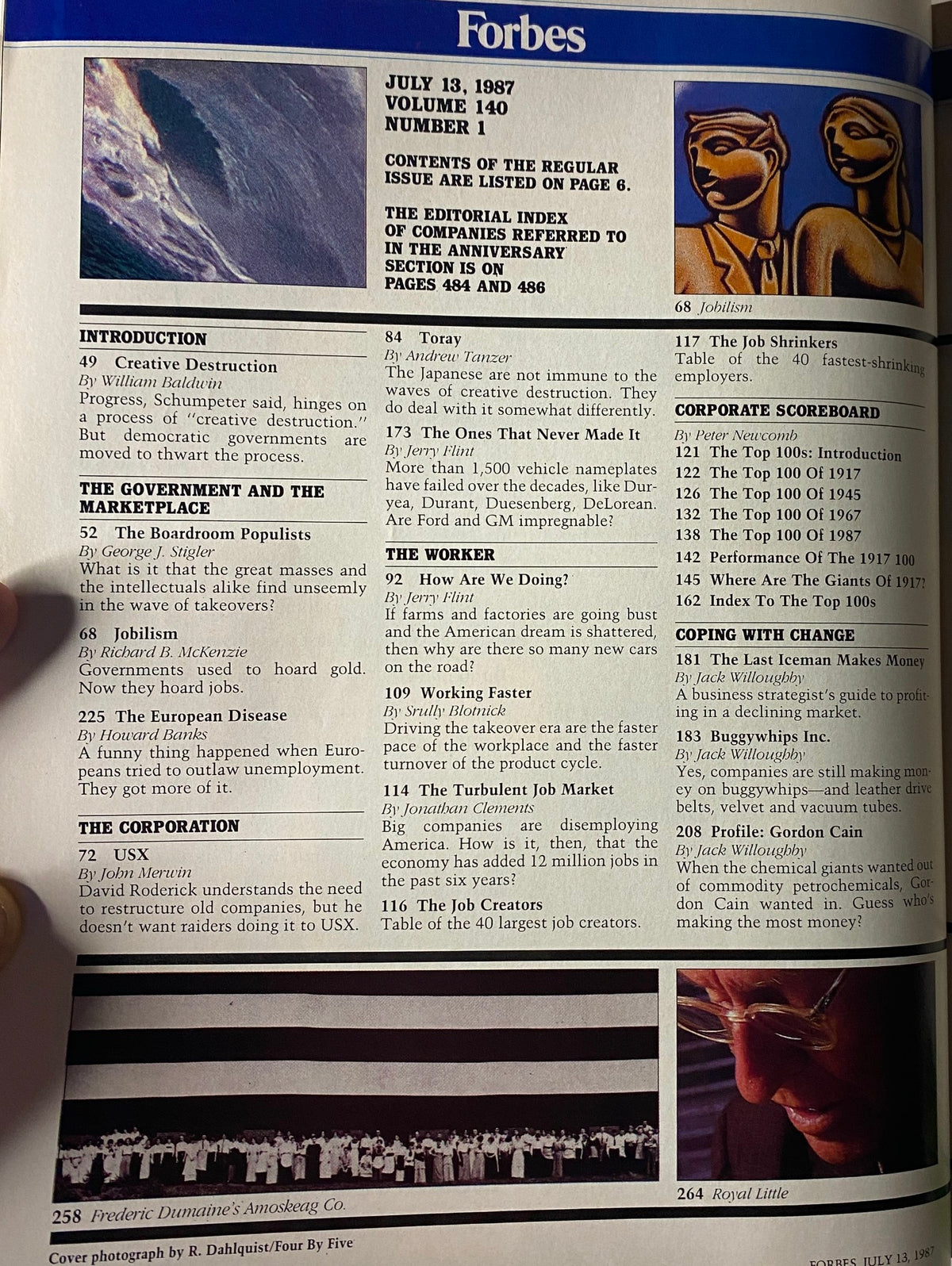 Forbes Magazine July 13, 1987 Table of contents page highlighting articles on 'Creative Destruction,' 'The Government and the Marketplace,' and other economic themes.
