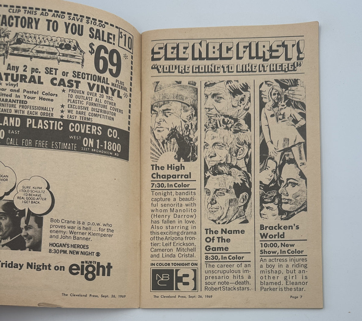 Inside page of The Cleveland Press TV Showtime Magazine showing a TV program schedule with listings for shows like The High Chaparral and The Name of the Game.