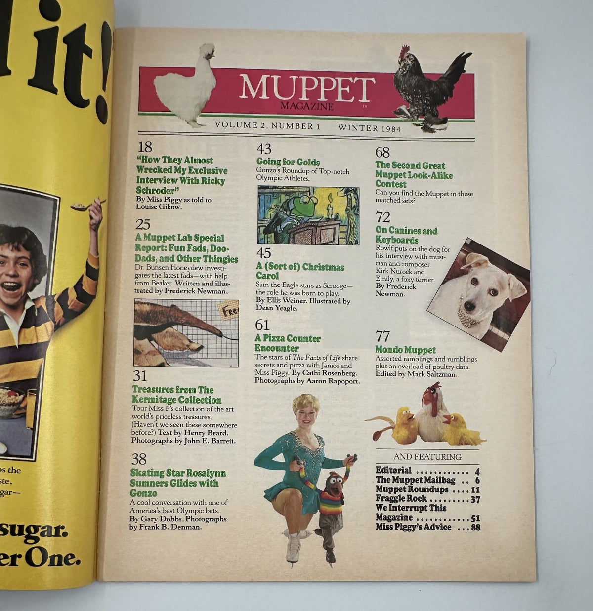 Table of Contents from Muppet Magazine Winter 1984, including features like Ricky Schroder's interview, Going for Golds, and The Second Great Muppet Look-Alike Contest.