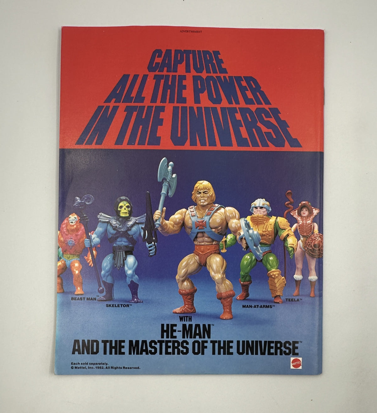Advertisement page from Muppet Magazine featuring He-Man and The Masters of the Universe figures, promoting the collection of action figures including Skeletor and Teela.