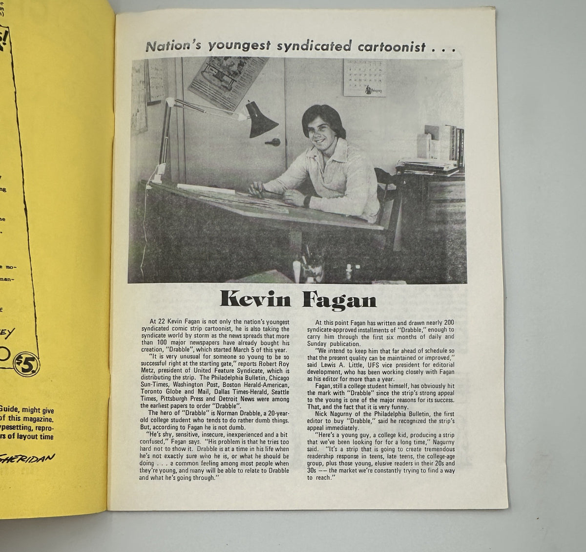 Interior page of Cartoonews Magazine Issue 20 featuring an article on Kevin Fagan, the nation's youngest syndicated cartoonist, highlighting his background and artistic journey, relevant for students and fans of comic art.