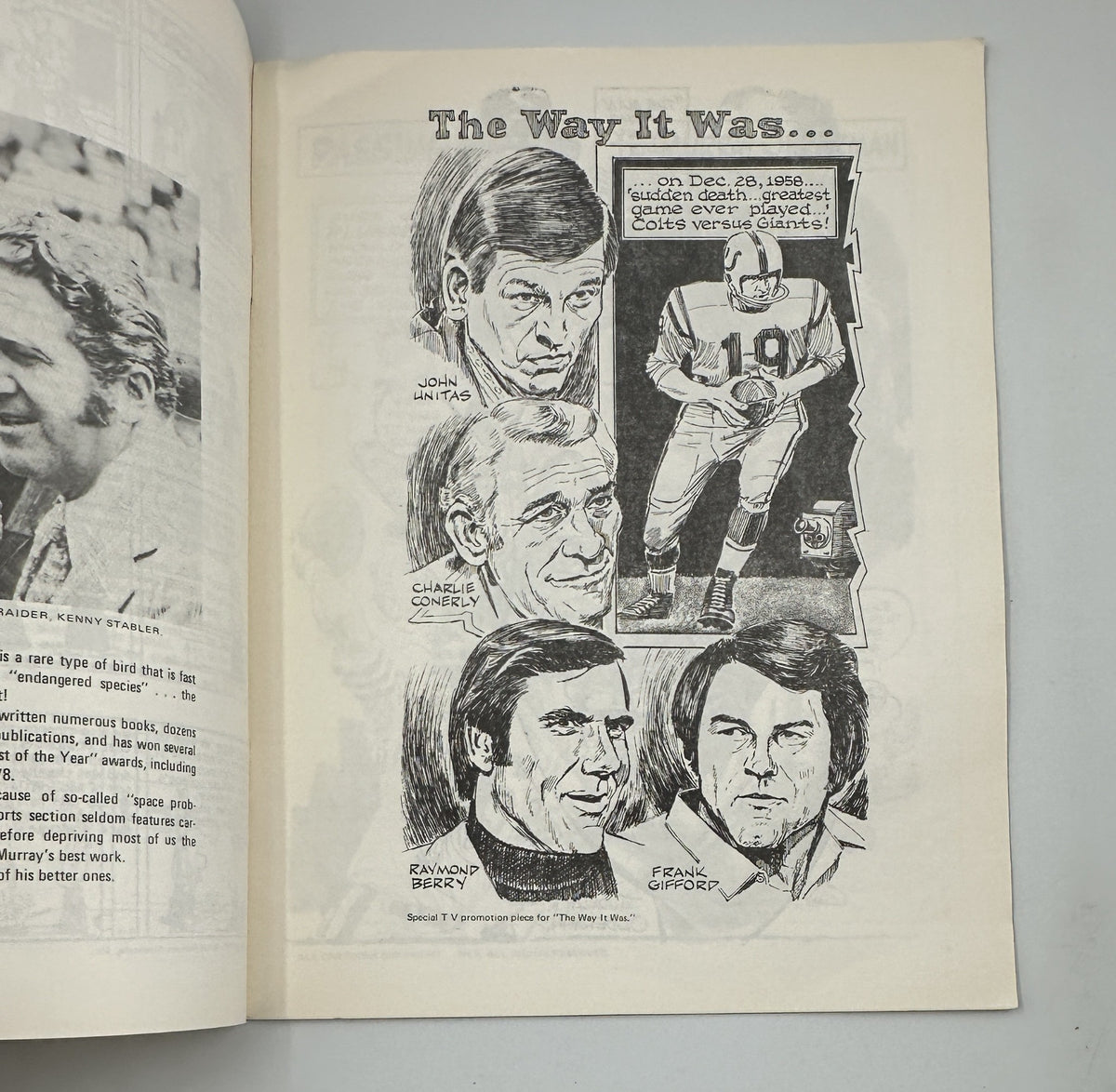 Cartoonews Magazine Issue 20 featuring a vintage cartoon illustration with portraits of John Unitas, Charlie Conerly, Raymond Berry, and Frank Gifford, showcasing sports cartoonist themes.