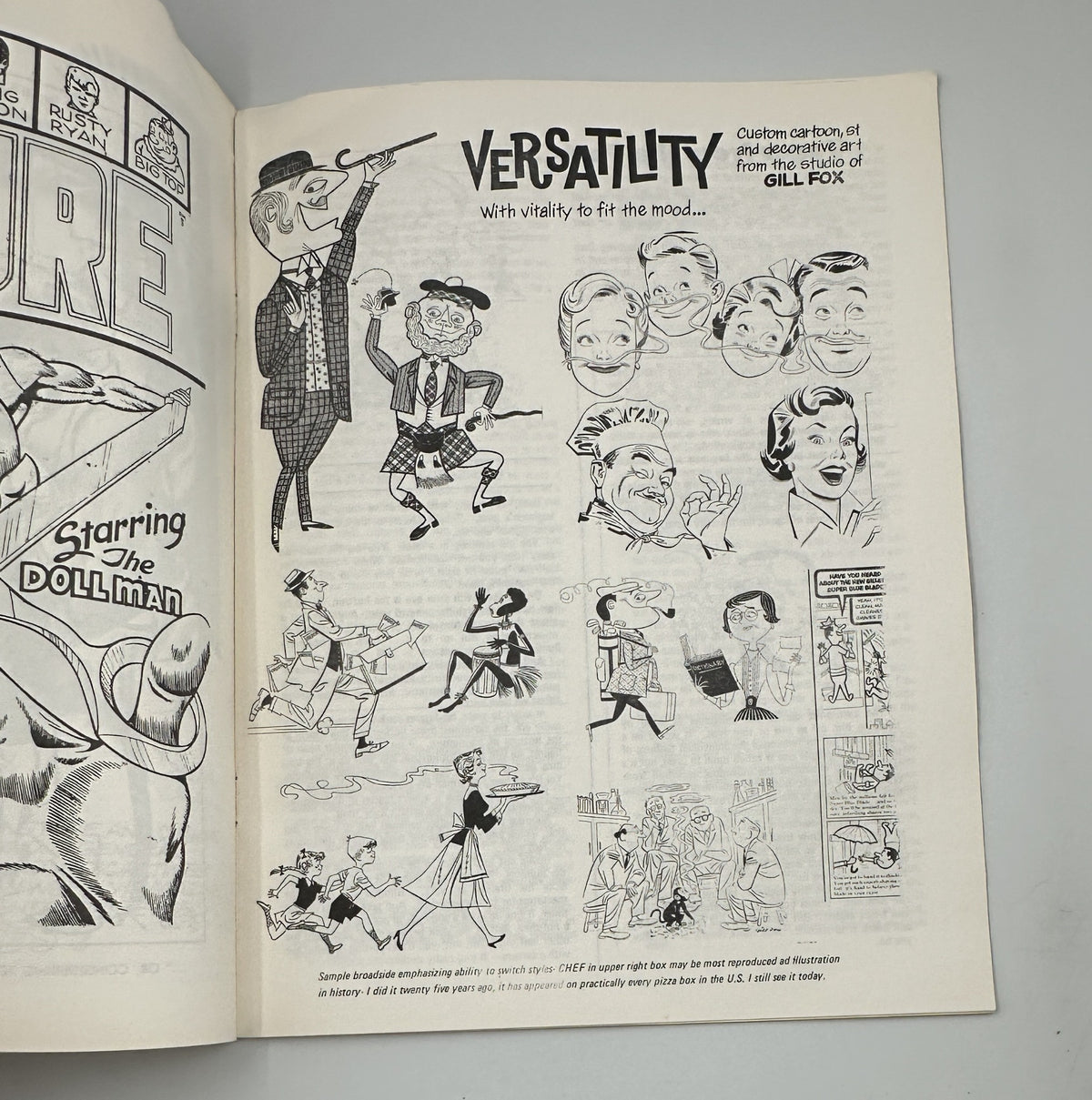 Cartoonews Magazine Issue 20 displaying a page with various cartoon characters by Gill Fox, emphasizing versatility in cartooning and creative illustration.