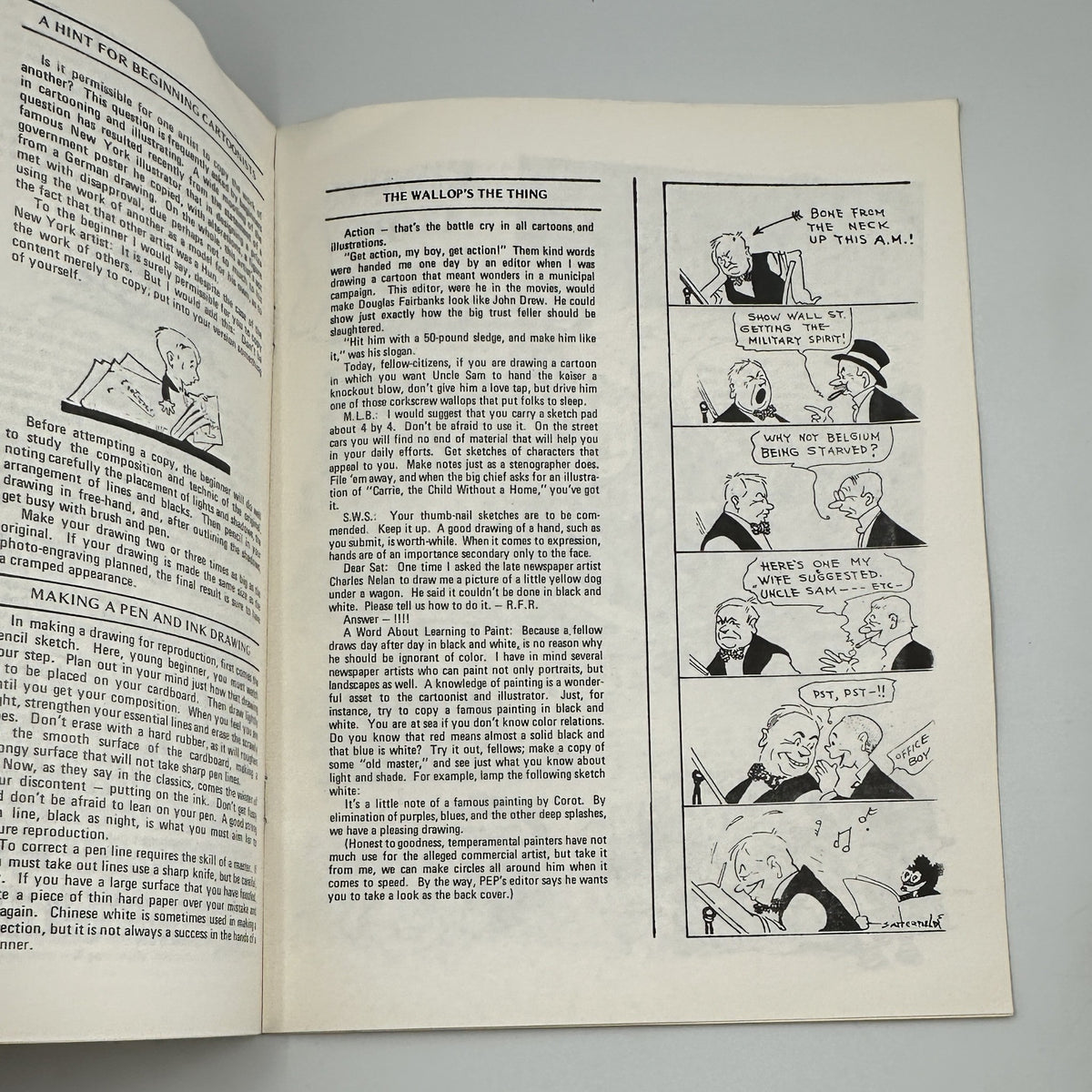 Cartoonews Magazine Issue 20 featuring a cartoon strip titled 'The Wall's the Thing,' illustrating humor in cartooning and storytelling techniques.