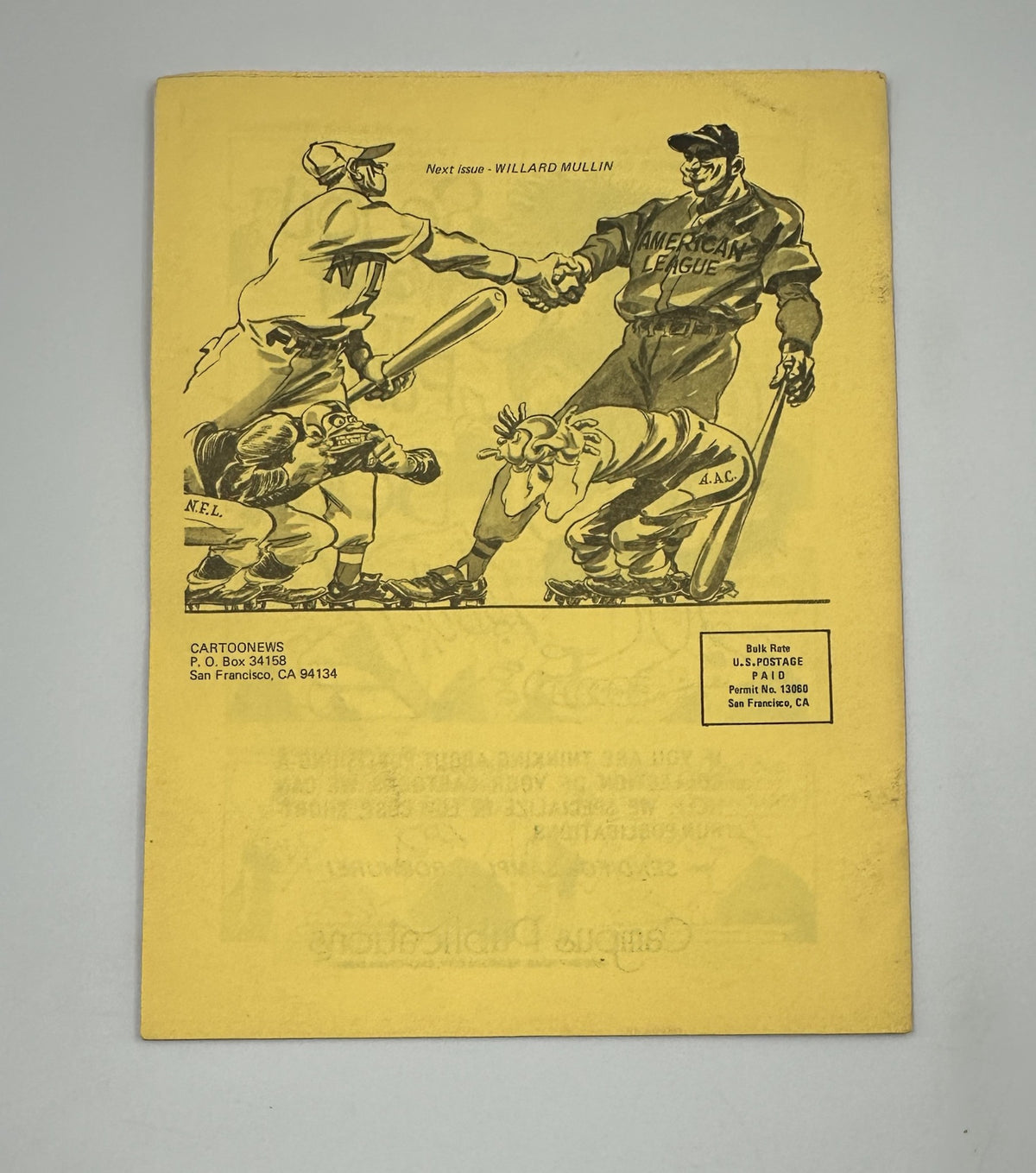 Back cover of Cartoonews Magazine Issue 20 featuring a colorful illustration of cartoon athletes in a baseball theme, promoting the next issue by Willard Mullin.