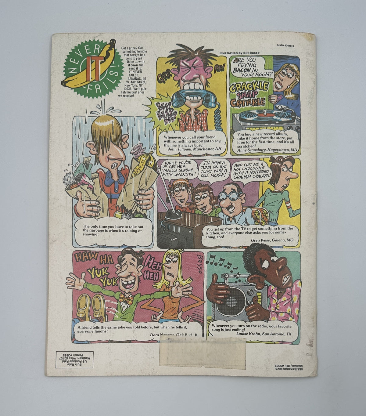 Back cover of Bananas Magazine No. 34 featuring colorful cartoon illustrations and witty caricatures.