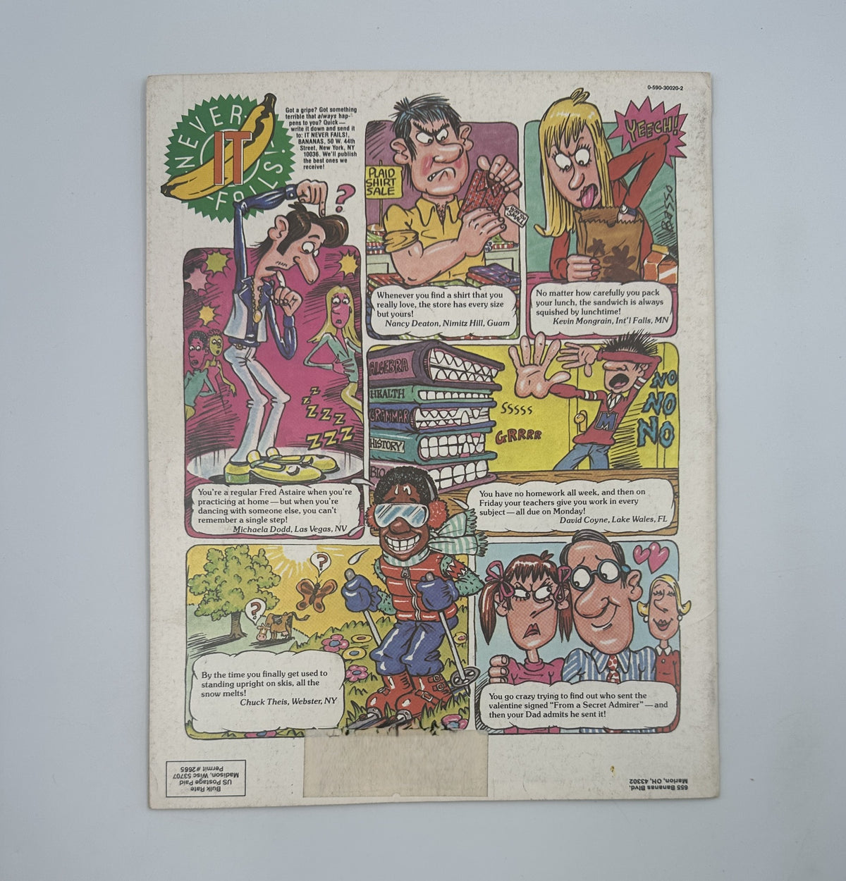 Back cover of Bananas Magazine No. 35 depicting comic-style illustrations and humorous dialogue, reflecting the magazine's fun and quirky personality.