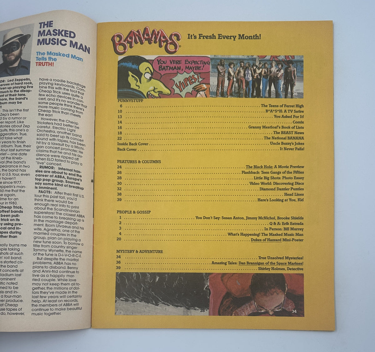 Interior page of Bananas Magazine No. 32 displaying the Table of Contents, highlighting various features and articles in a colorful layout.