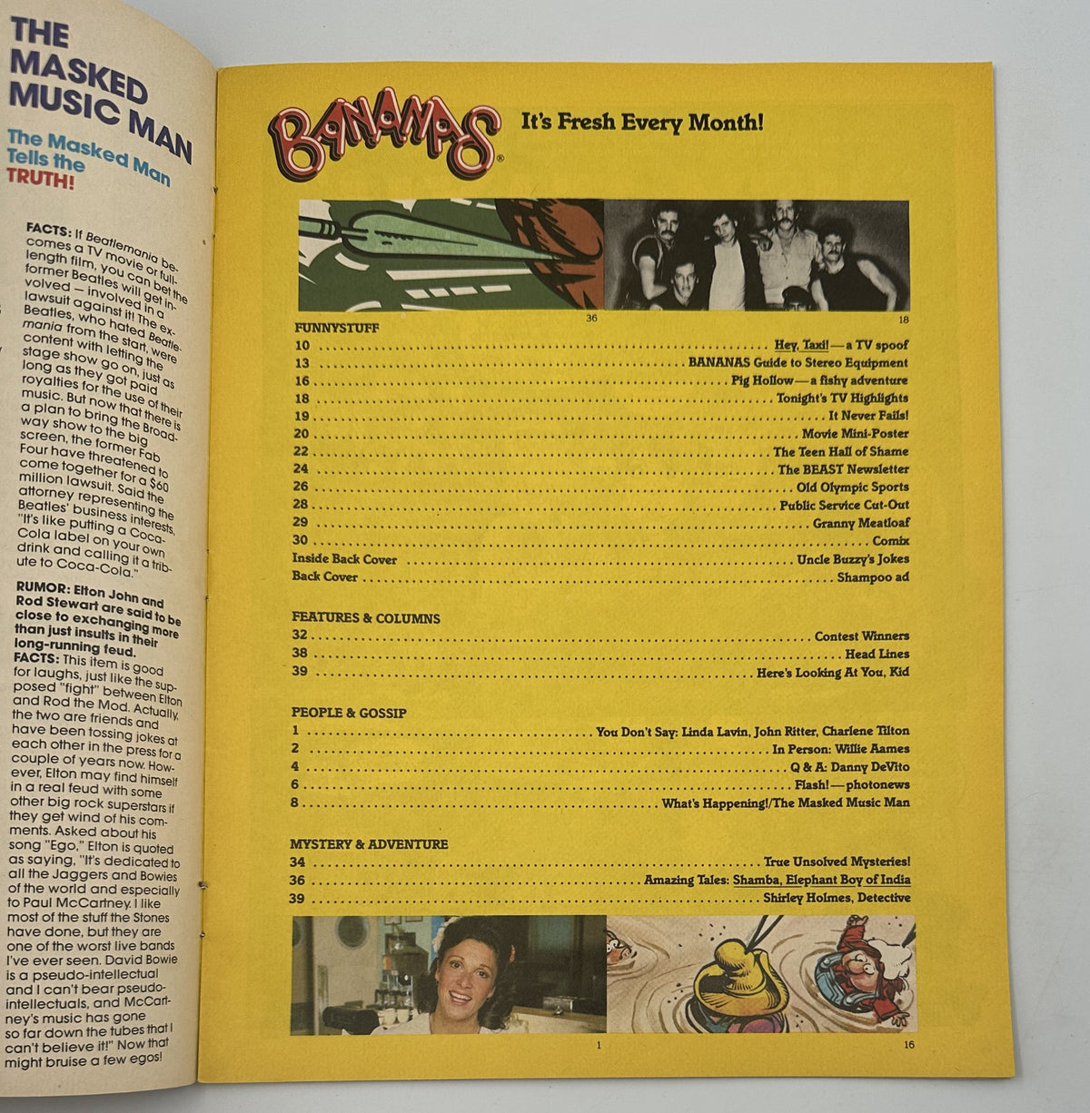 Inside page of Bananas Magazine No. 36 displaying the Table of Contents with colorful headings for various sections including FUNNYSTUFF and PEOPLE & GOSSIP.