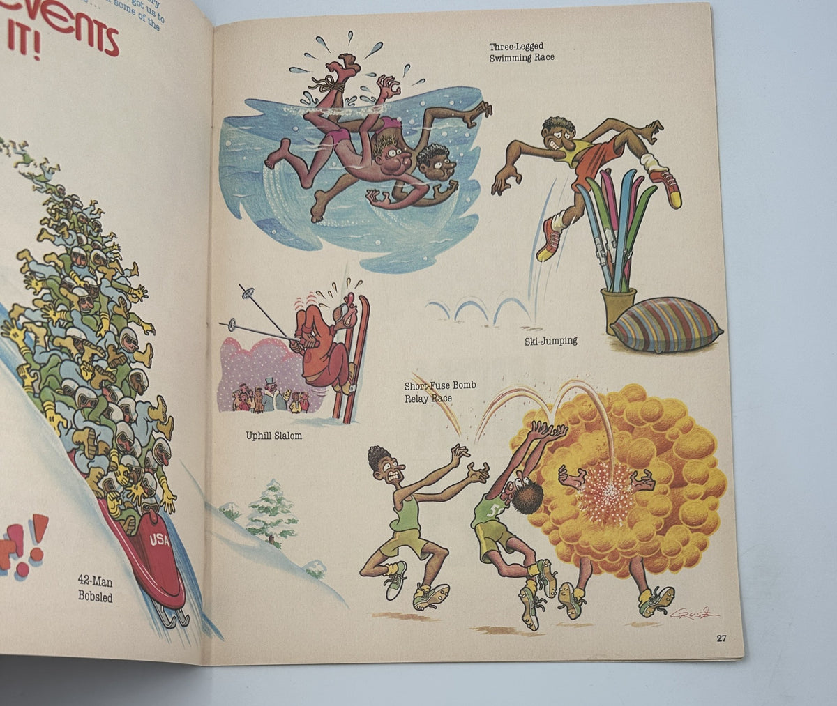 Illustration in Bananas Magazine No. 36 depicting various humorous sports activities showing characters in wacky scenarios during athletic events.