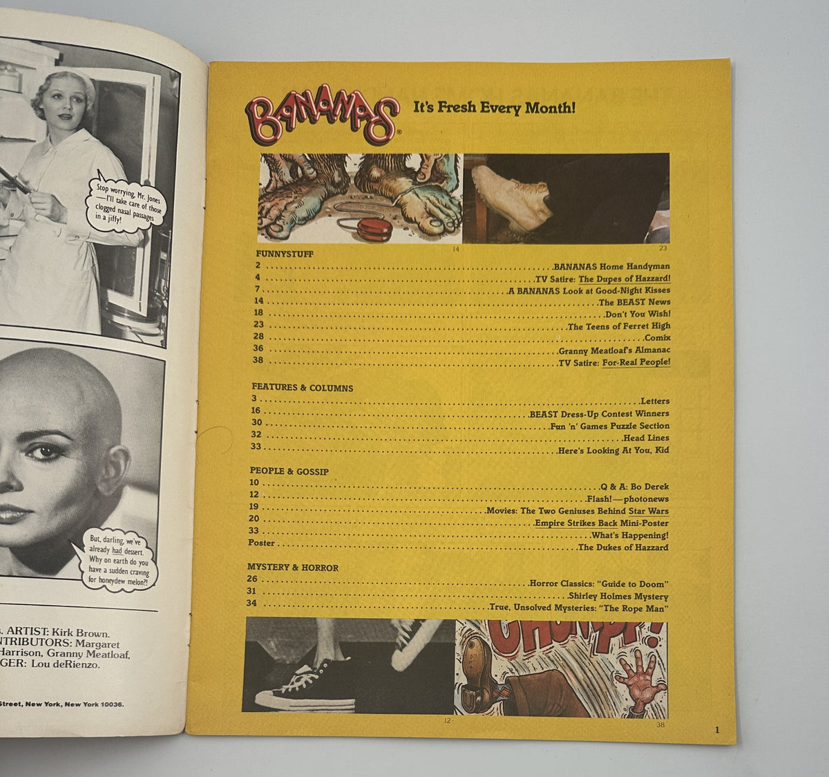 Inside page of Bananas Magazine No. 39 showcasing its Table of Contents, highlighting sections like Funny Stuff and People & Gossip.