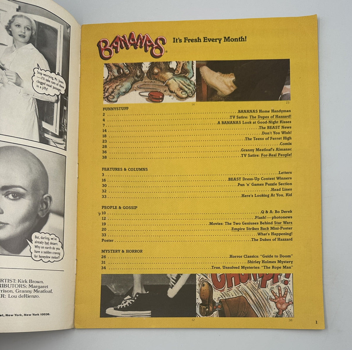 Contents page of Bananas Magazine No. 39, listing articles such as BANANAS Home Handyman and TV Satire.