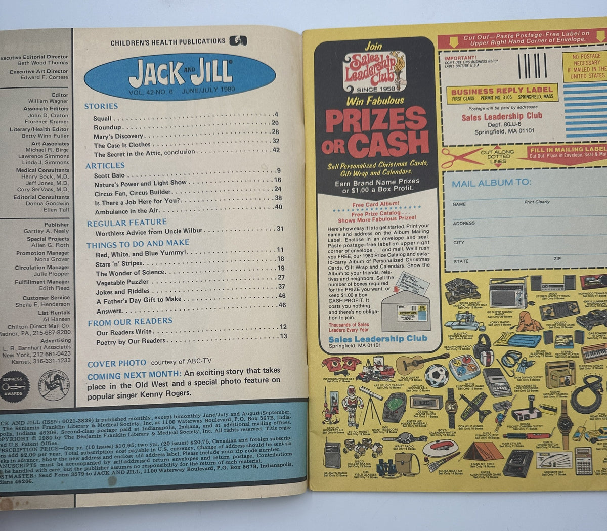 Inside pages of Jack and Jill Magazine, June/July 1980 displaying the table of contents and articles, showcasing Scott Baio.