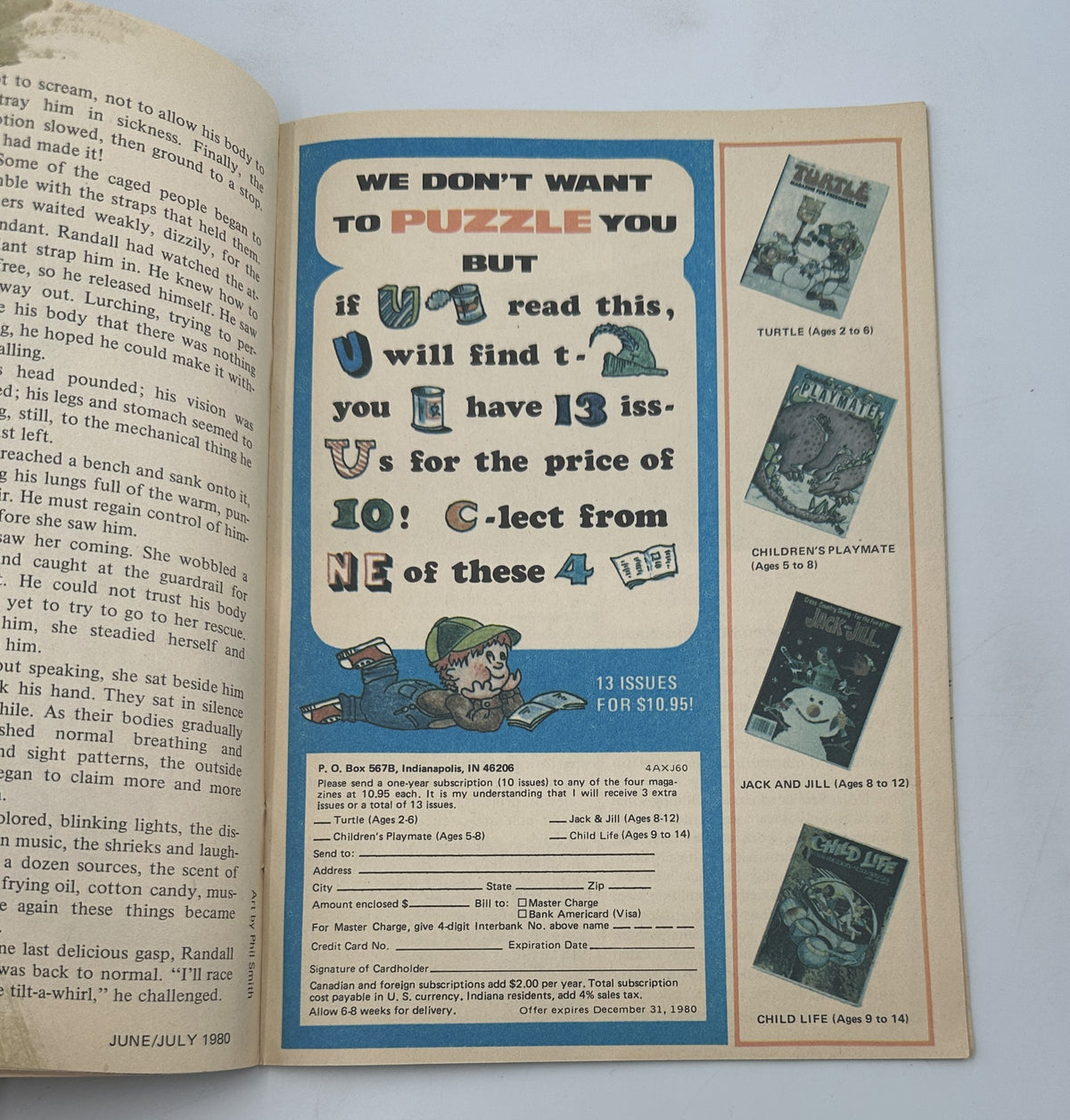 Promotional content from Jack and Jill Magazine, June/July 1980, offering a subscription deal and showcasing children's magazines.