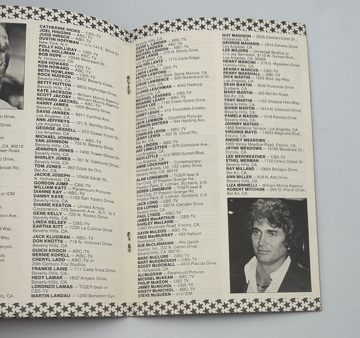 Inside pages of the Star Address Book displaying fan mail addresses for television and movie stars, perfect for autograph seekers and nostalgic collectors.