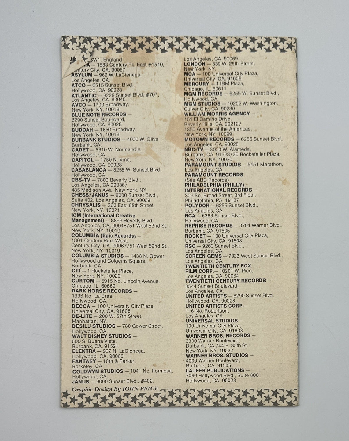 Back cover of the Star Address Book listing various entertainment agencies and studios, valuable information for fans looking to connect with Hollywood stars.