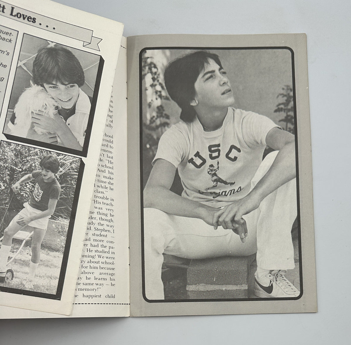 Another view of Scott Baio in a USC t-shirt, captured in a candid moment. This image appears in 'The Secret of Scott Baio,' highlighting the beloved teen idol from Happy Days.