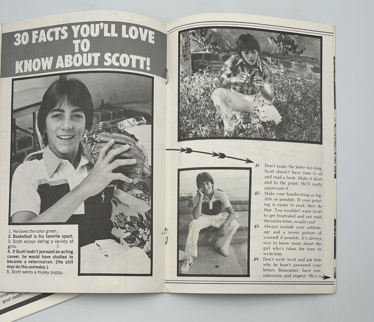 Interior page from 'The Secret of Scott Baio' magazine featuring a young Scott Baio with a pet and fun facts about him. This vintage magazine is a collectible for fans of the TV show Happy Days.