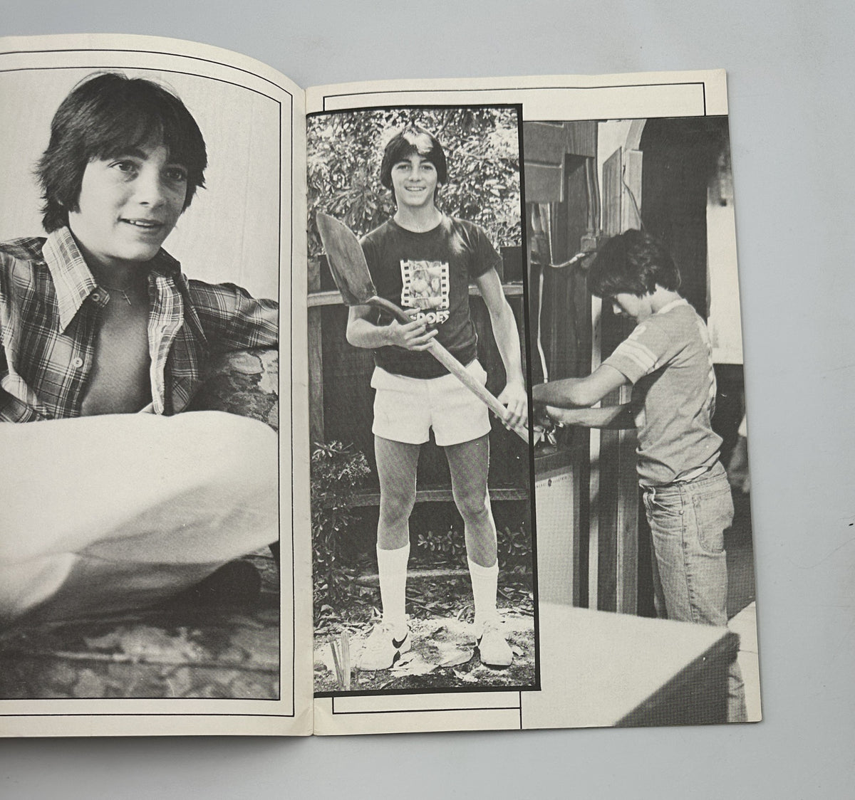 Scott Baio’s Personal Photo Album Magazine showcasing a young Scott Baio in casual attire, featuring three images of him smiling and engaging in different activities, capturing the essence of the 1970s teen idol era.