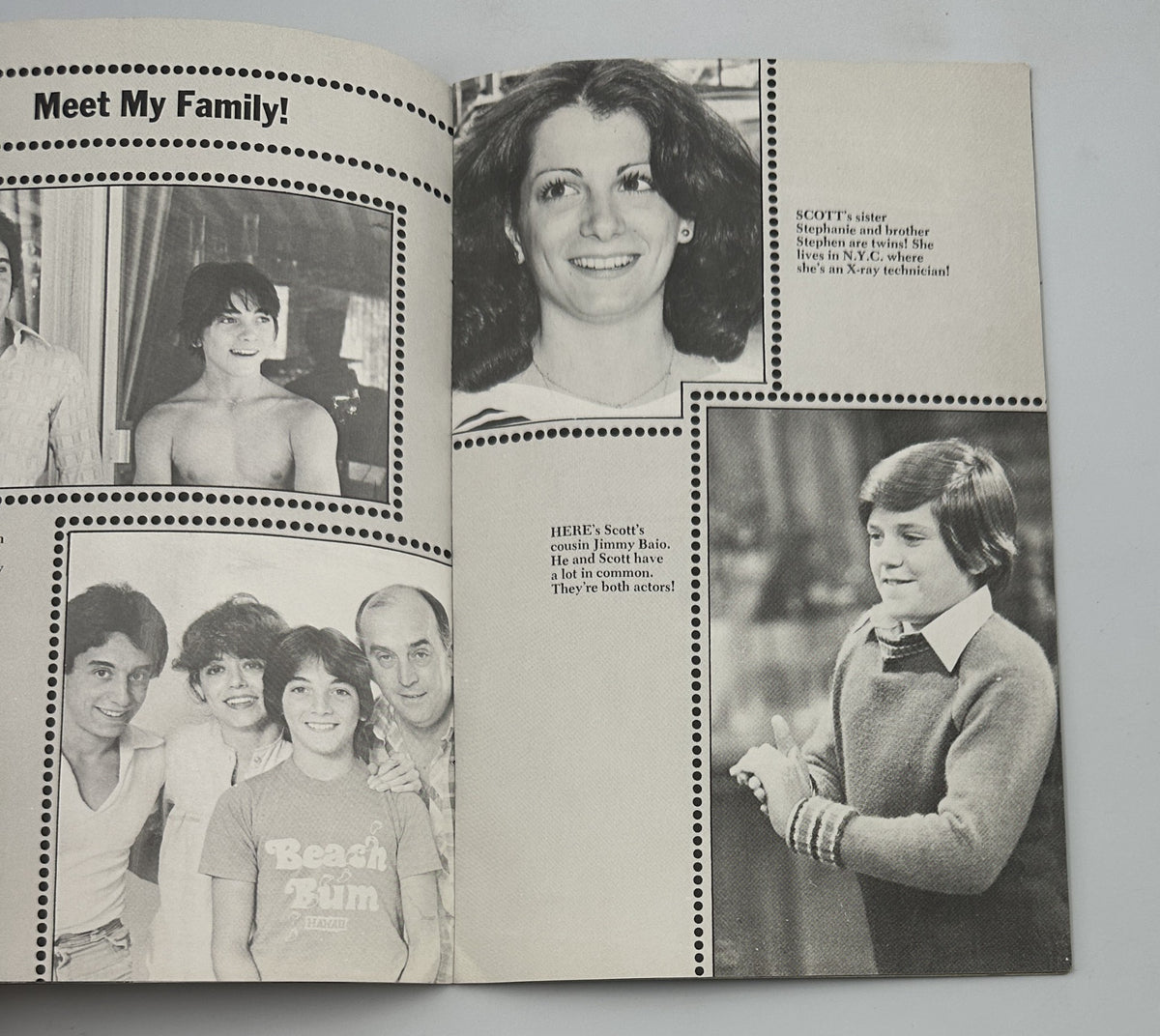 Scott Baio’s Personal Photo Album Magazine featuring family pictures, including Scott Baio's sister and a notable family member, providing a glimpse into his personal life as a beloved 1970s teen idol.