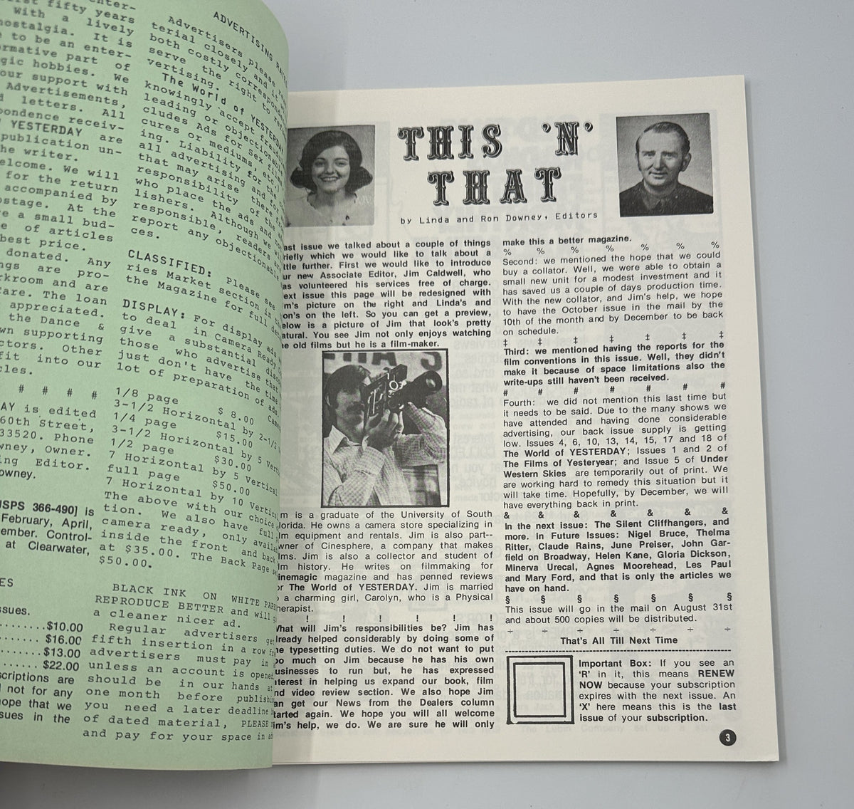 Image from The World of Yesterday Magazine, August 1979, showing an article page titled 'THIS 'N' THAT' edited by Linda and Ron Bowers, featuring discussions on magazines and news.
