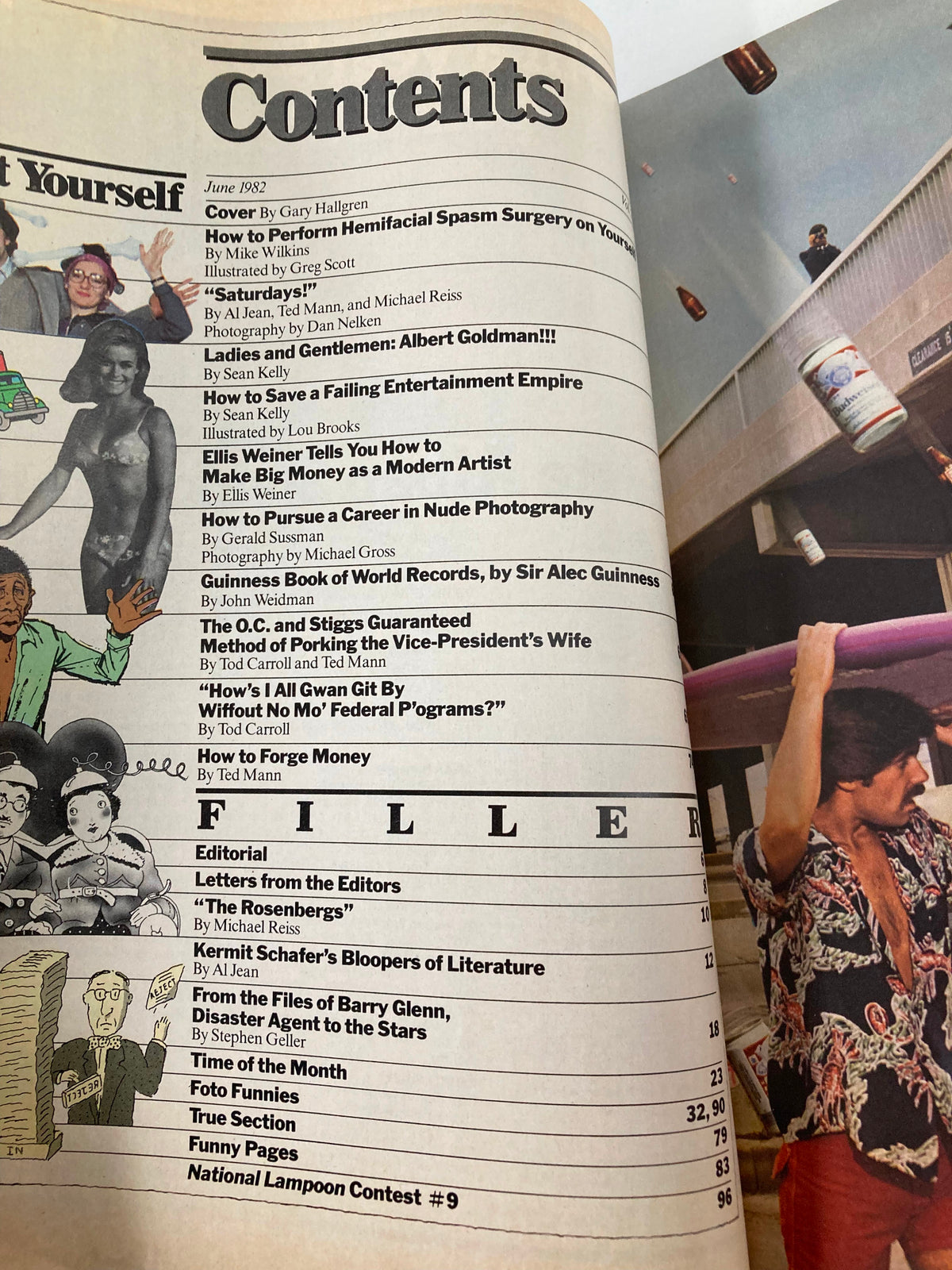Contents page of National Lampoon Humor Magazine from June 1982, featuring witty article titles and editorial features.